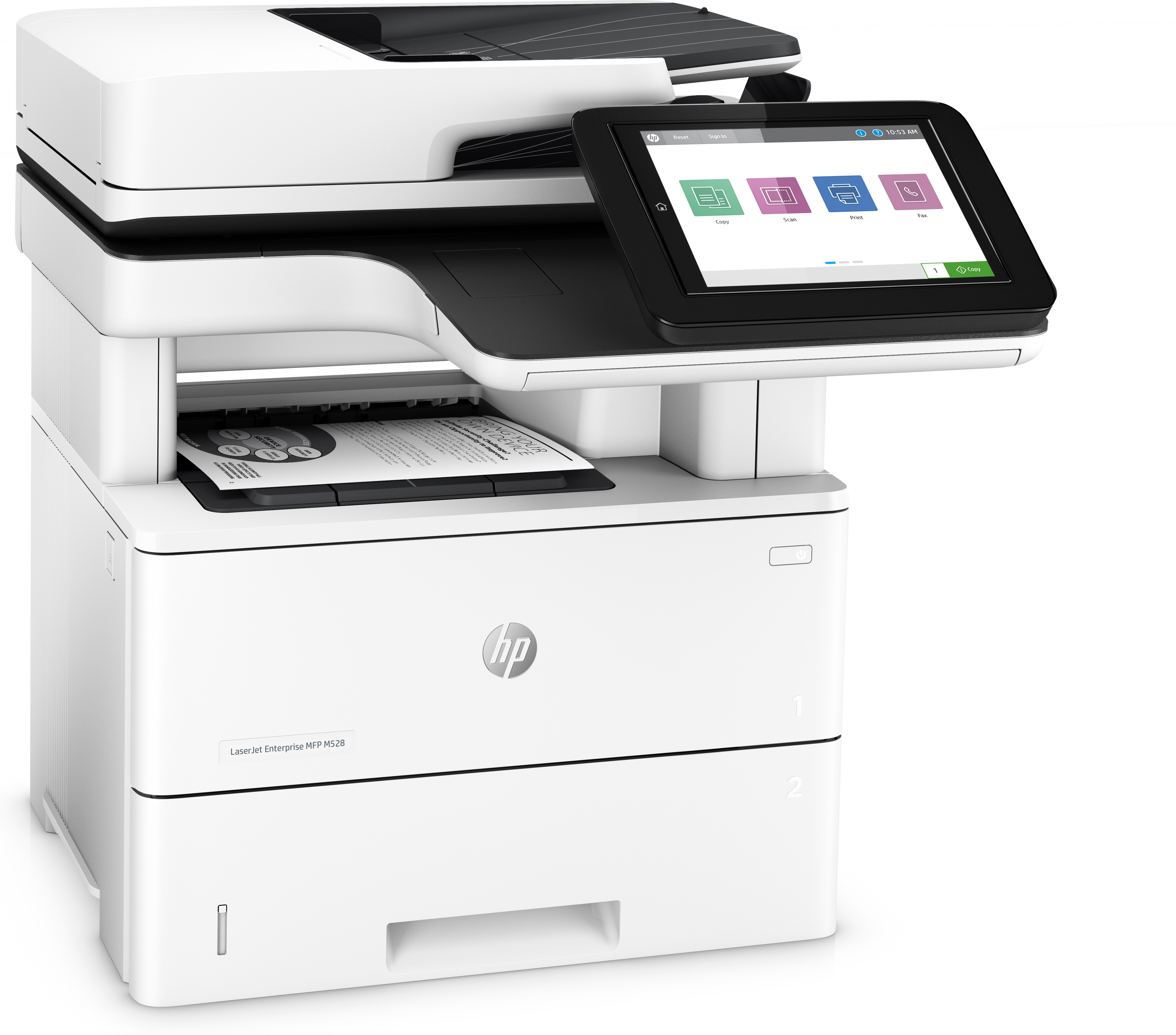 Impresora HP Laserjet blanca y negra con pantalla táctil y salida de papel.