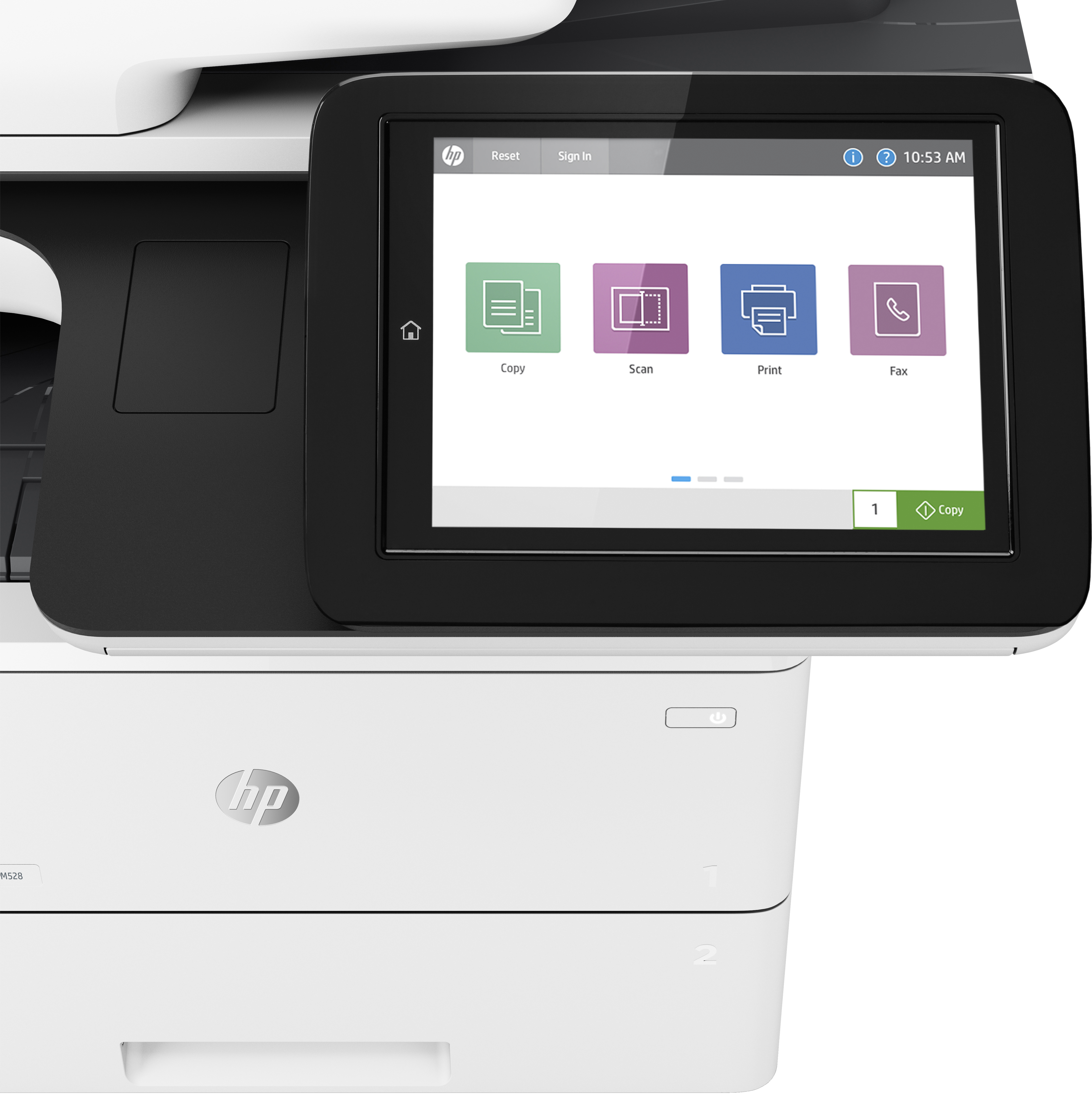 Primer plano de la pantalla táctil de una impresora HP, que muestra opciones de copia, escaneo, impresión y fax.