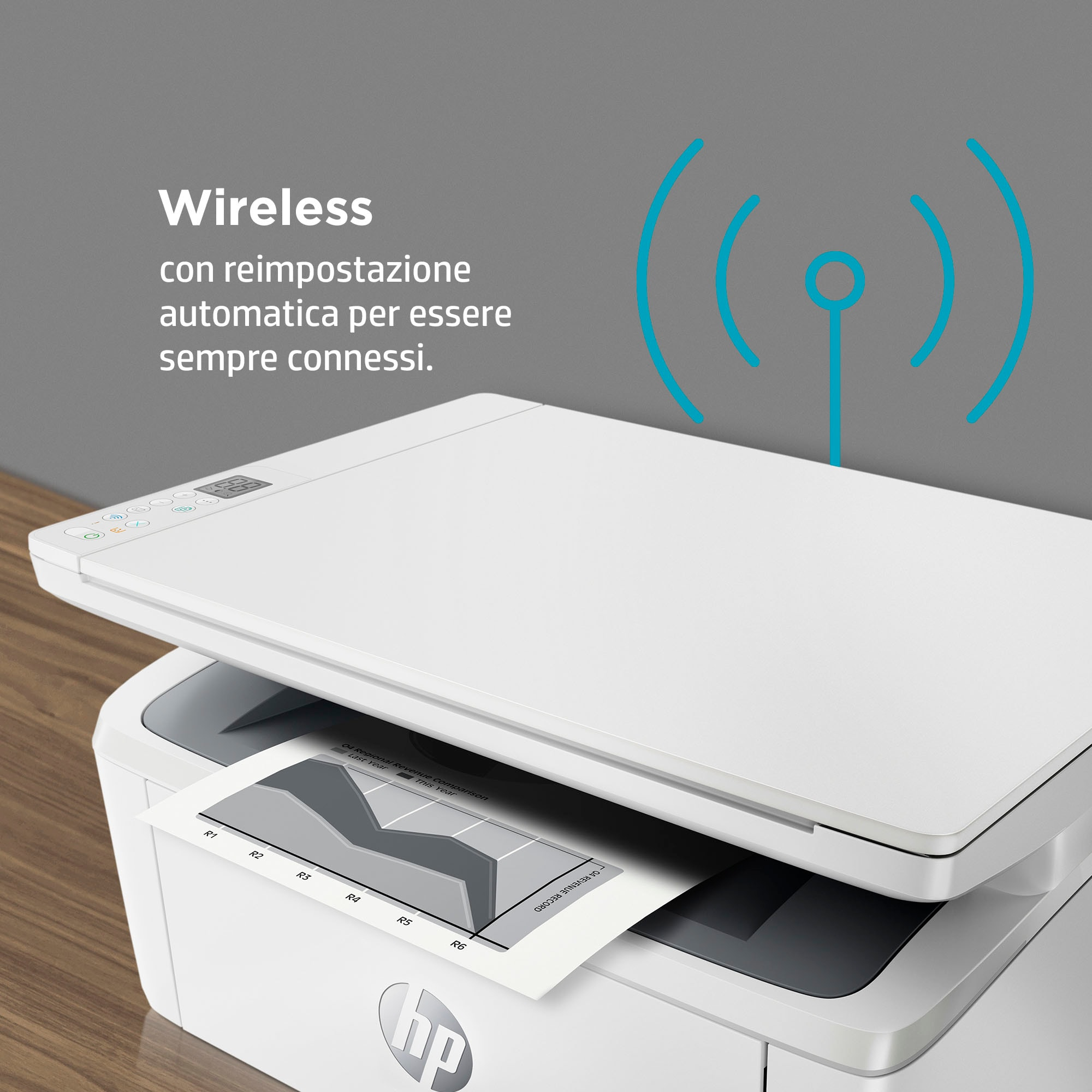 Stampante HP bianca con carta e icona wireless. Sfondo: tavolo di legno.