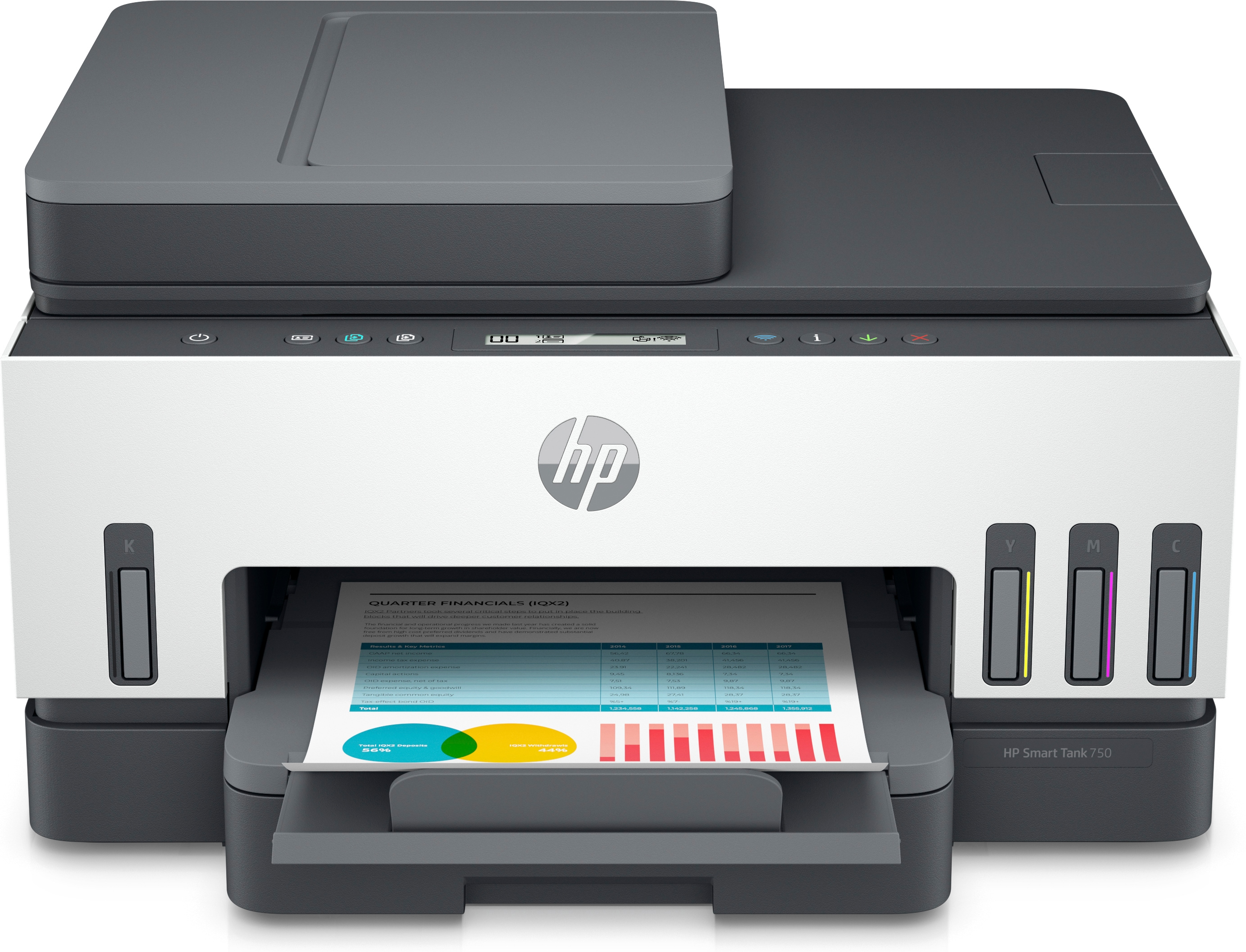 Impresora HP con depósitos de tinta, imprimiendo papel con gráficos circulares y barras.