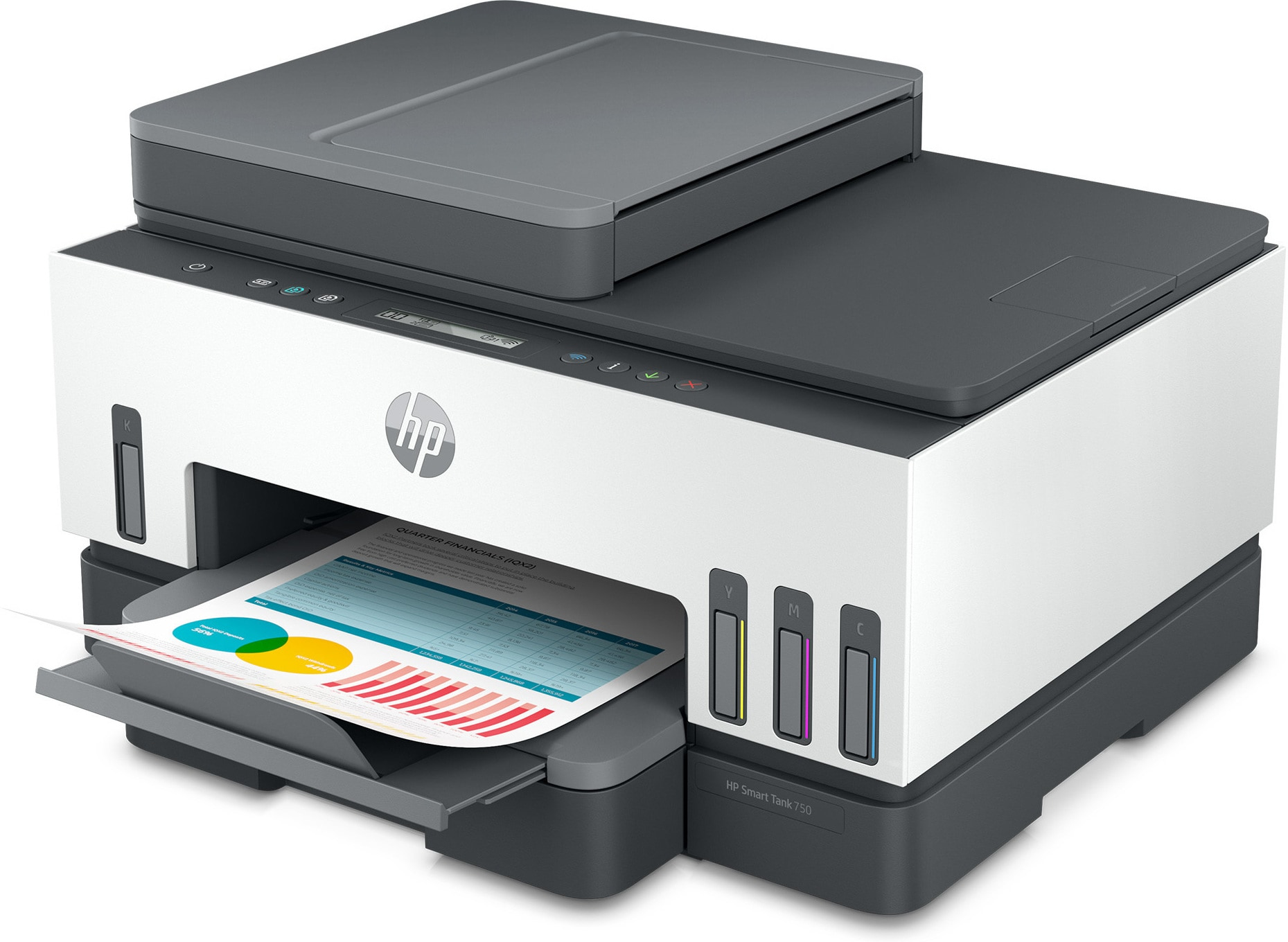 Una impresora HP está imprimiendo un documento con gráficos. El cuerpo es blanco y la parte superior gris.
