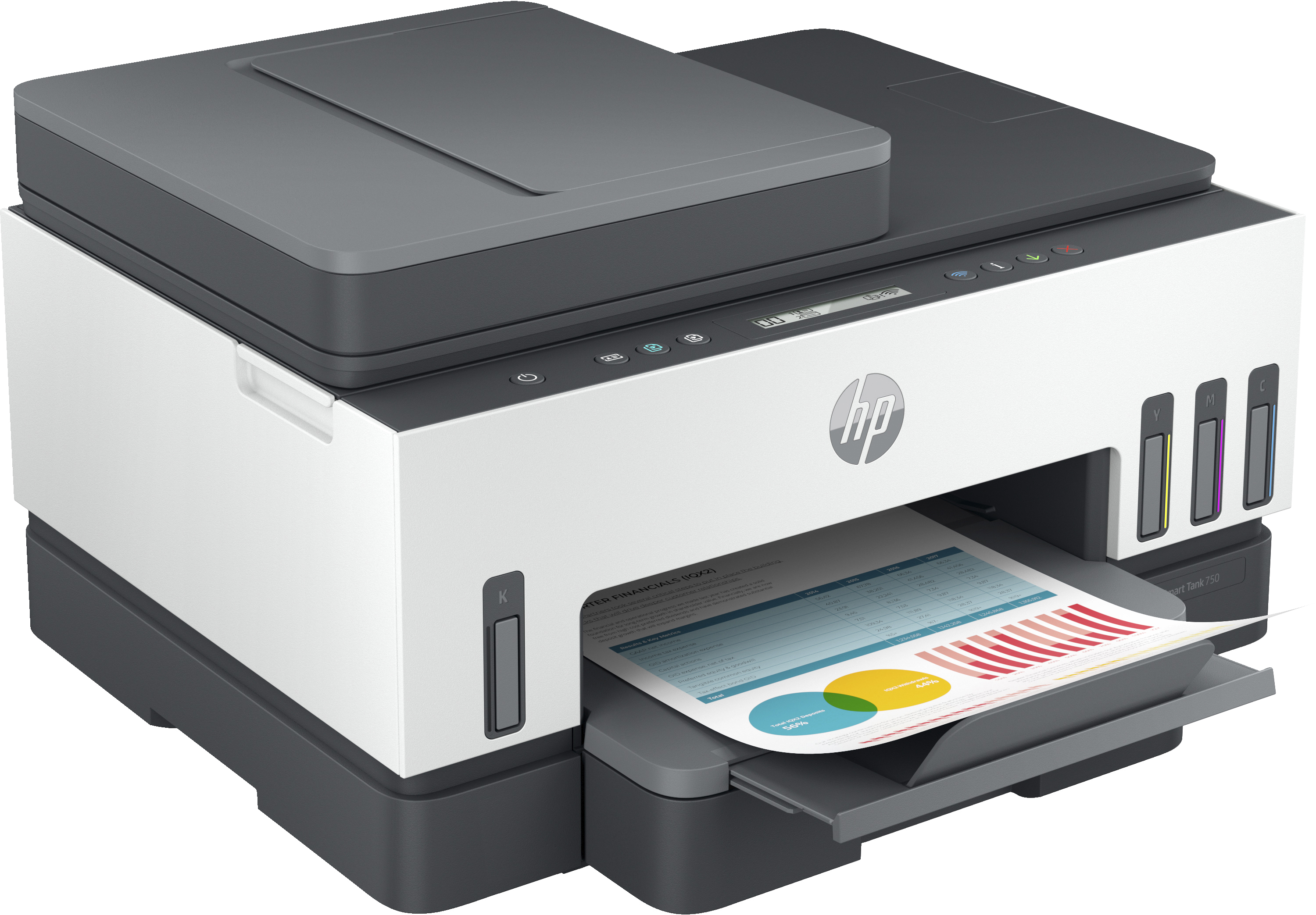 Impresora HP con bandeja de papel y cartuchos de tinta. Diseño moderno y elegante.