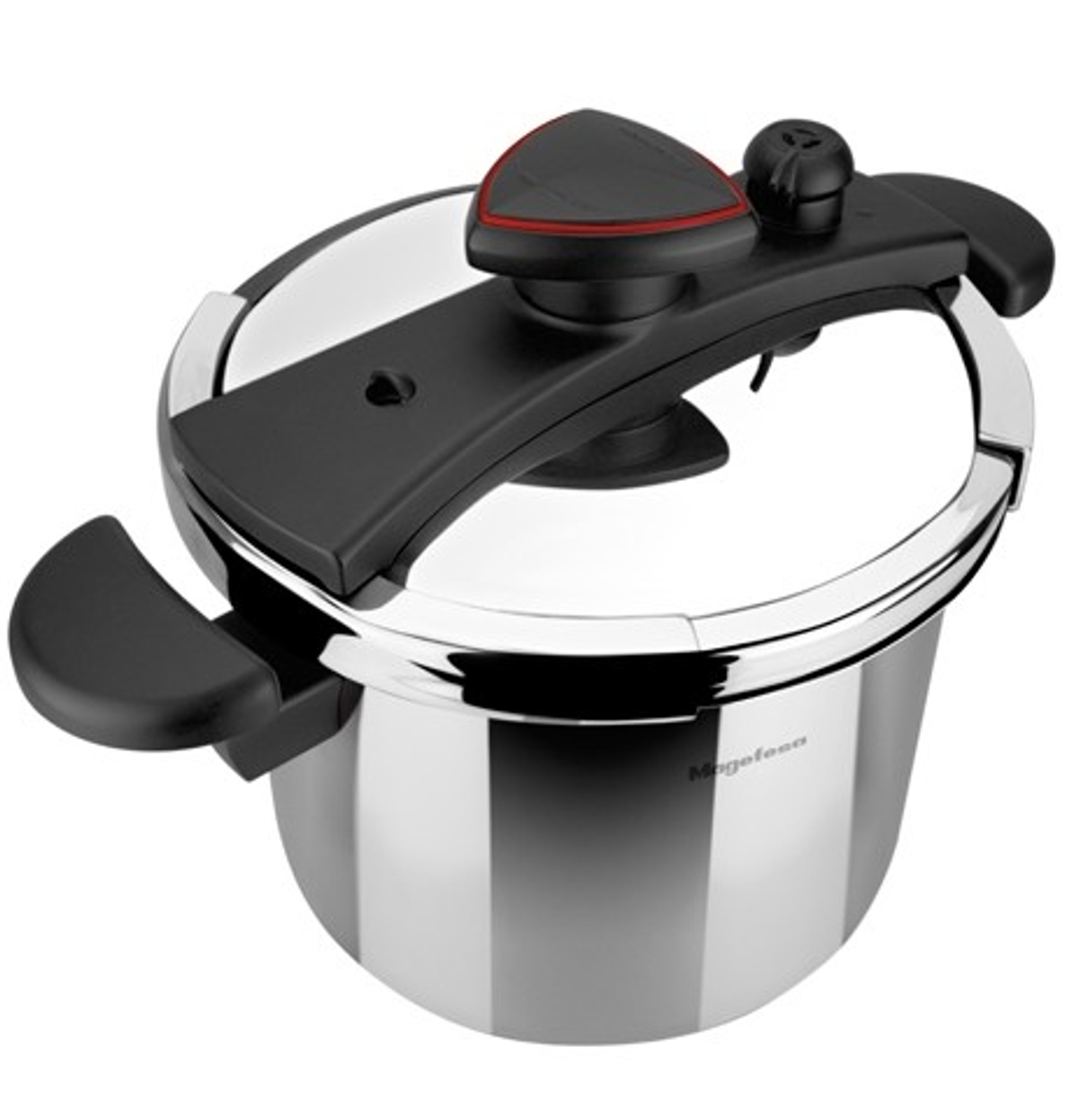 Una olla a presión de acero inoxidable con asa y tapa negras.