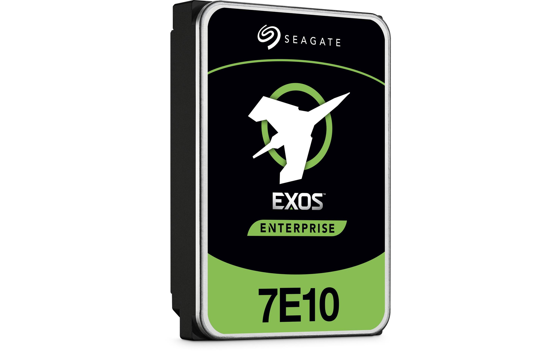 Zwarte en groene Seagate harde schijf. Er staat een afbeelding van een vliegtuig op en het woord EXOS.