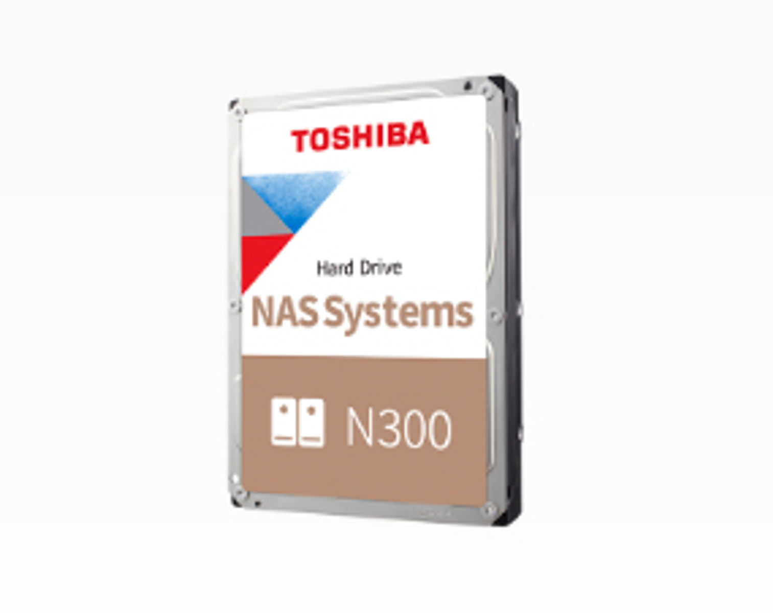 Disco duro Toshiba con etiqueta blanca y detalles rojos y azules. Hard Drive NAS Systems.