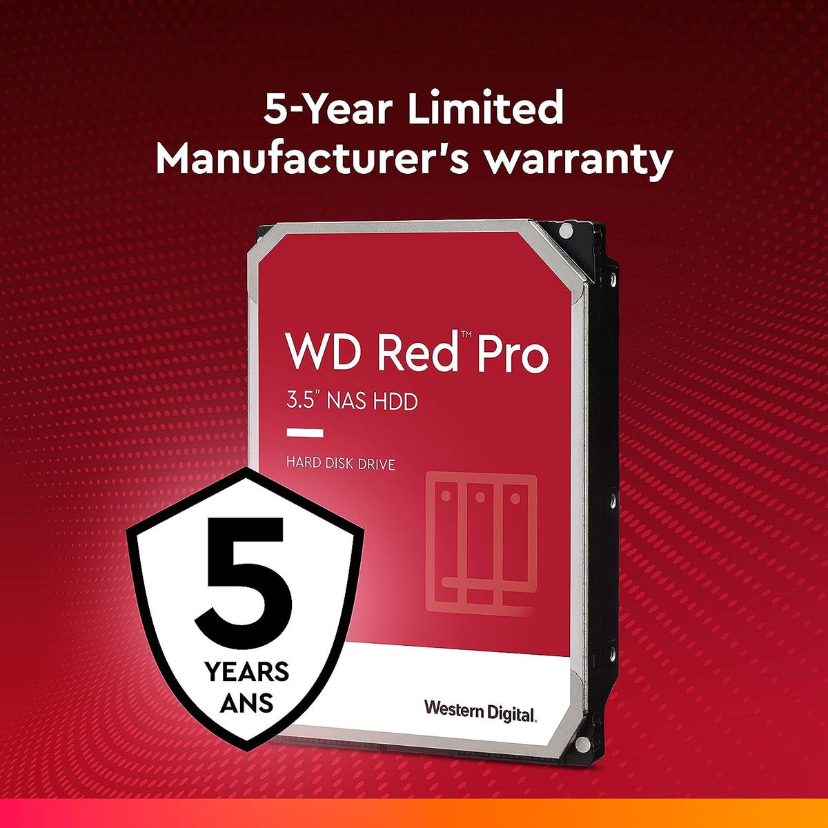 Dysk HDD NAS WD Red Pro 3.5" na czerwonym tle, z tekstem gwarancji.