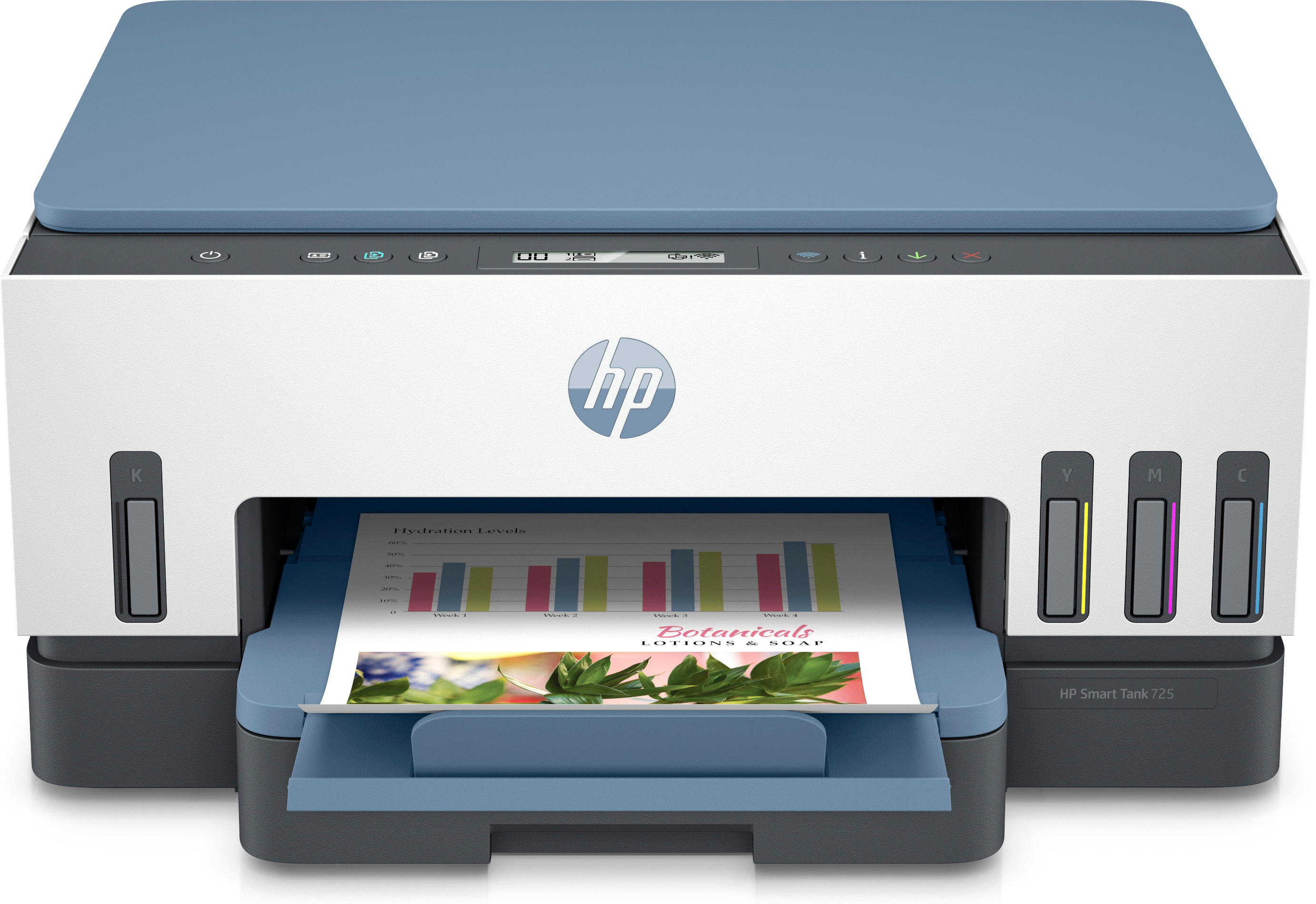 HP Smart Tank 725 Drucker. Es hat ein blaues und weißes Farbschema. Das Papierfach ist offen.