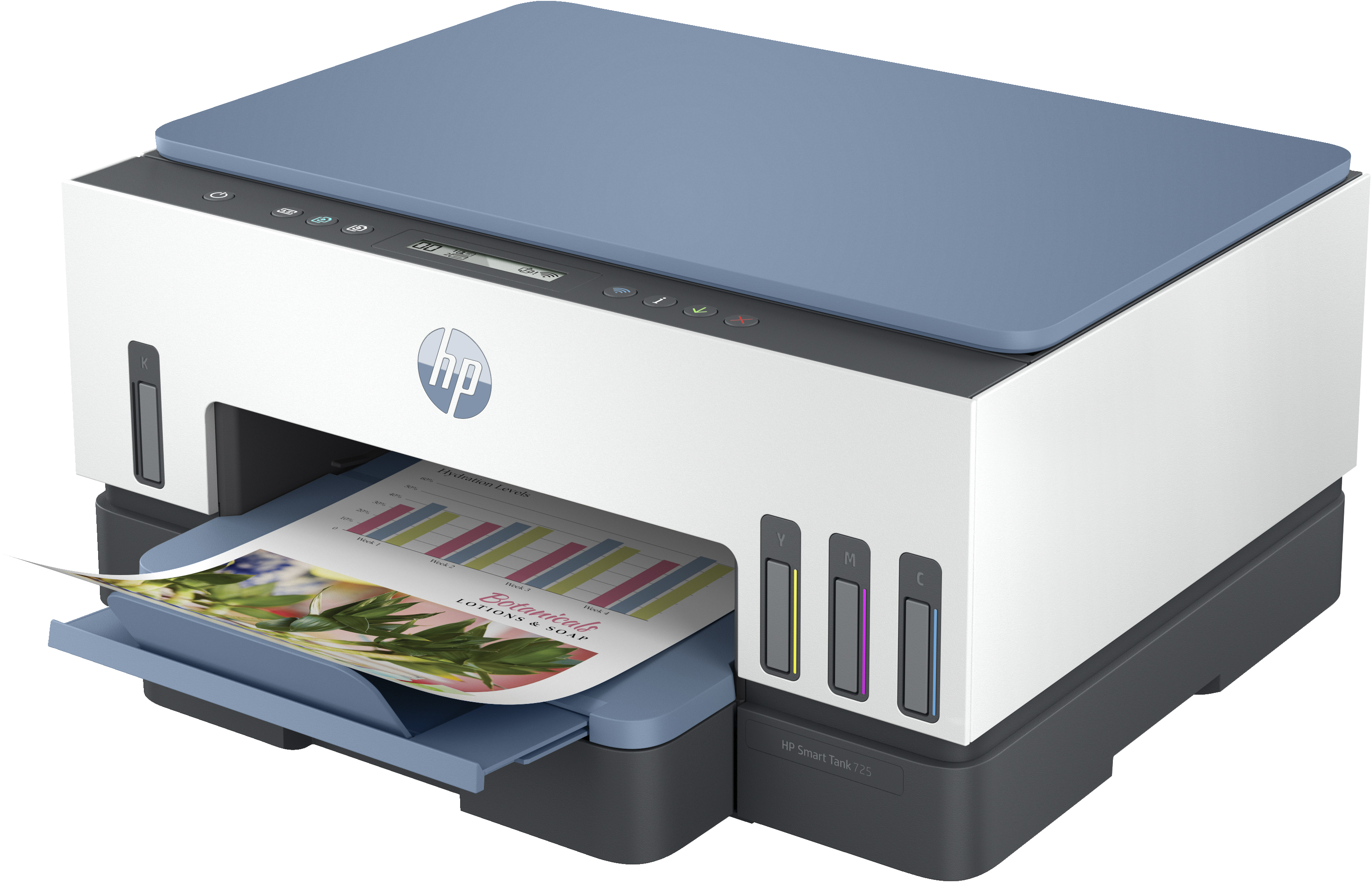 HP-Drucker mit blauem Deckel und Papier mit Diagramm. Weiß und grau.