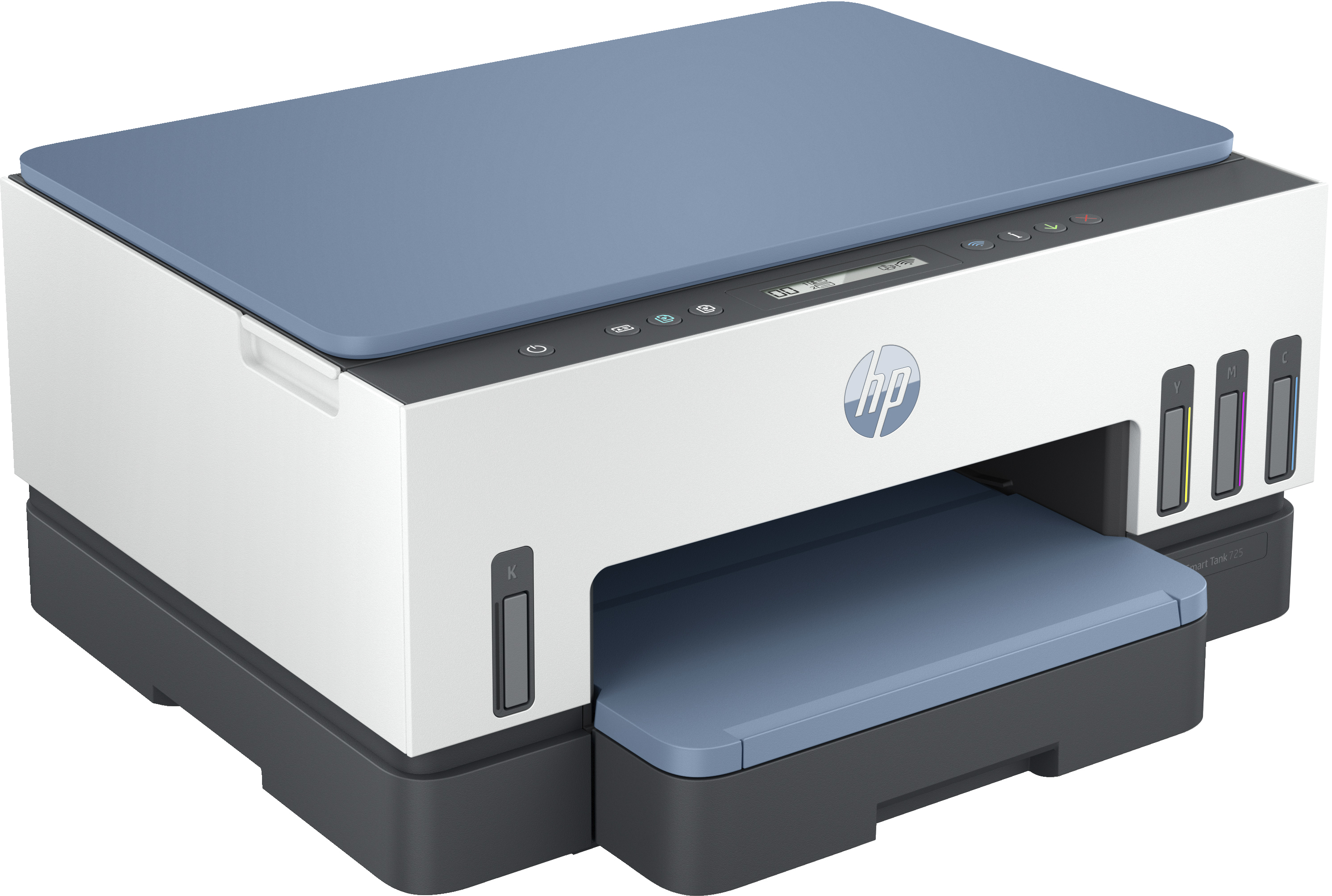 Weißer und blauer HP-Drucker mit Tintenbehältern. Ein gedrucktes Dokument liegt im Ausgabefach.
