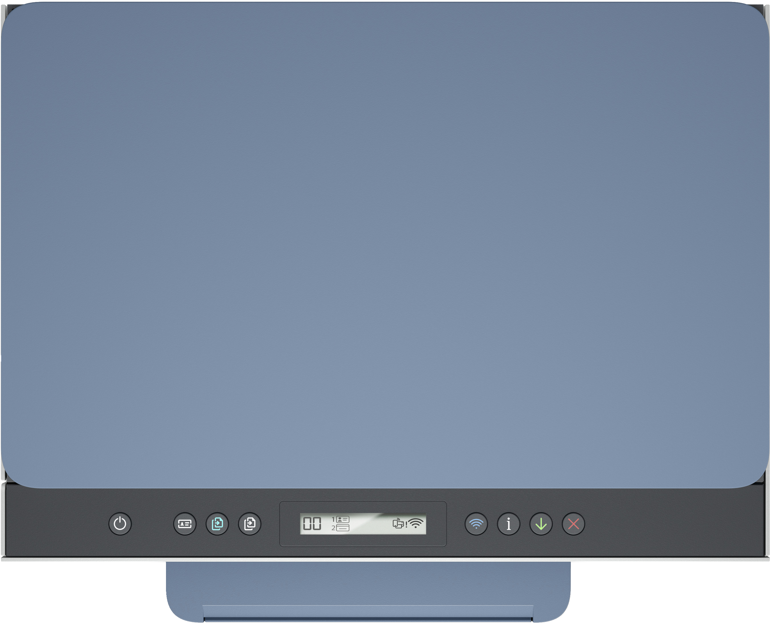 Drucker Scanner. Draufsicht auf einen blauen Flachbettscanner mit Bedienknöpfen.