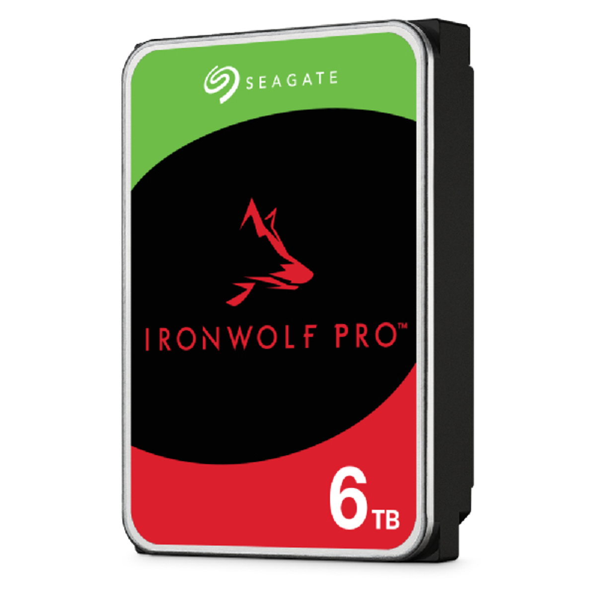 Czarny dysk twardy Seagate IronWolf Pro z czerwoną i czarną etykietą, na białym tle.