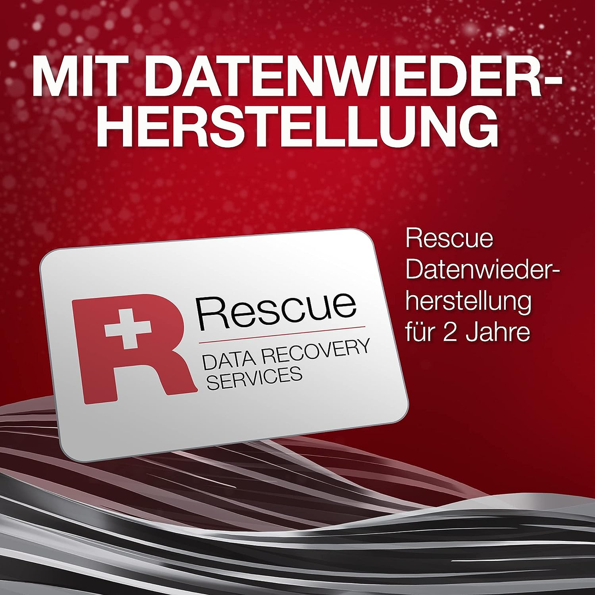 Czerwone tło z tekstem. Biała karta przedstawia logo Rescue, usługi odzyskiwania danych.