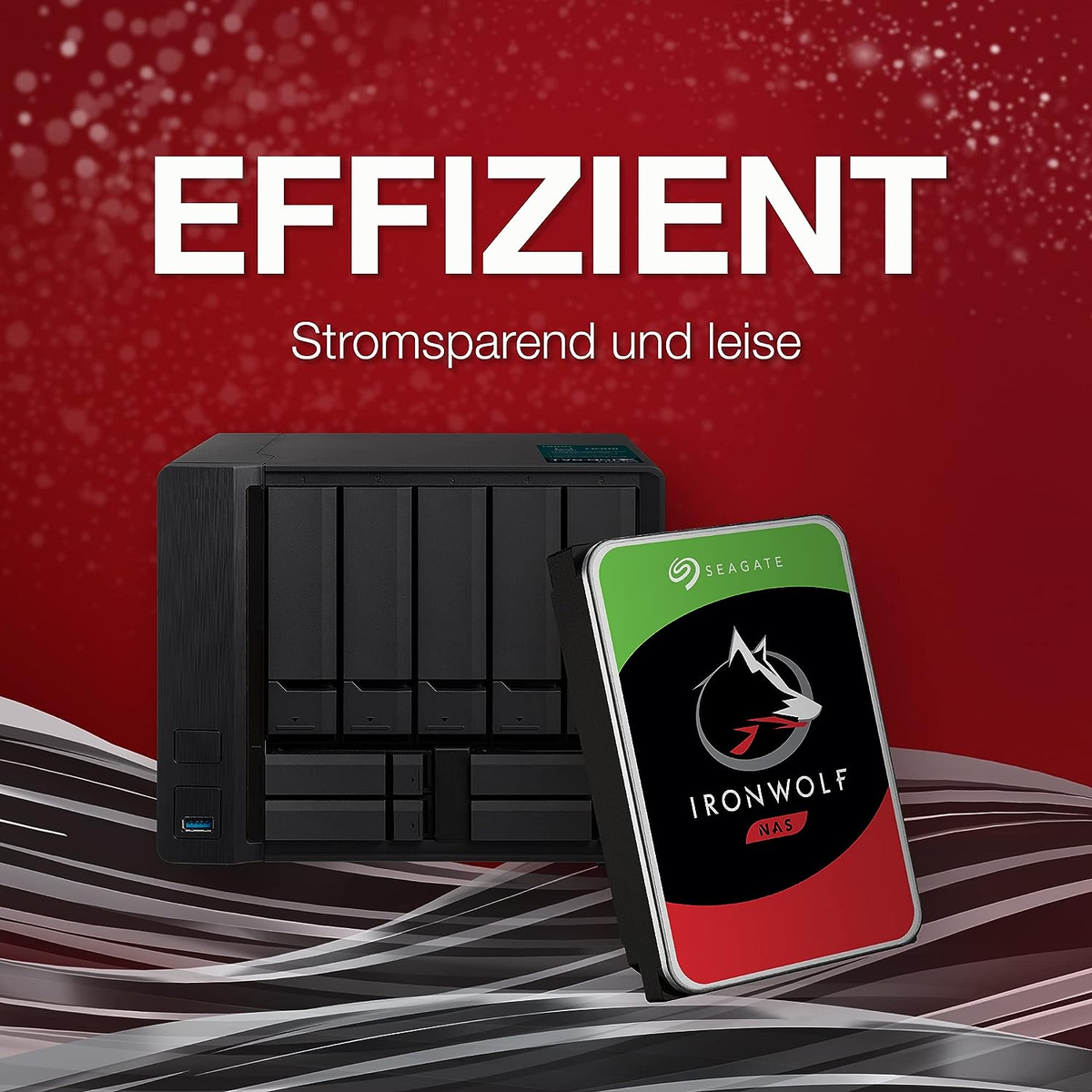 Urządzenie NAS i dysk Seagate Ironwolf na czerwonym tle z tekstem EFFIZIENT.