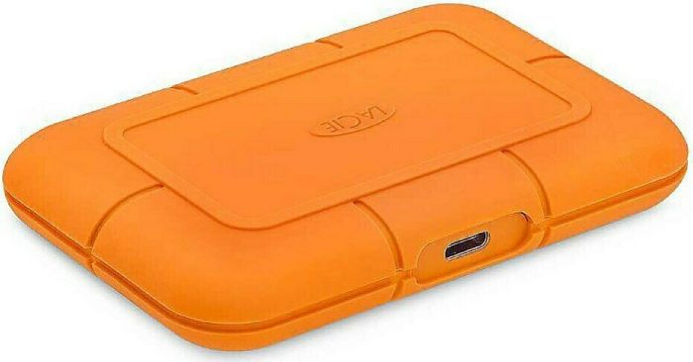 Hard disk esterno arancione. È rettangolare con angoli arrotondati e una porta USB.