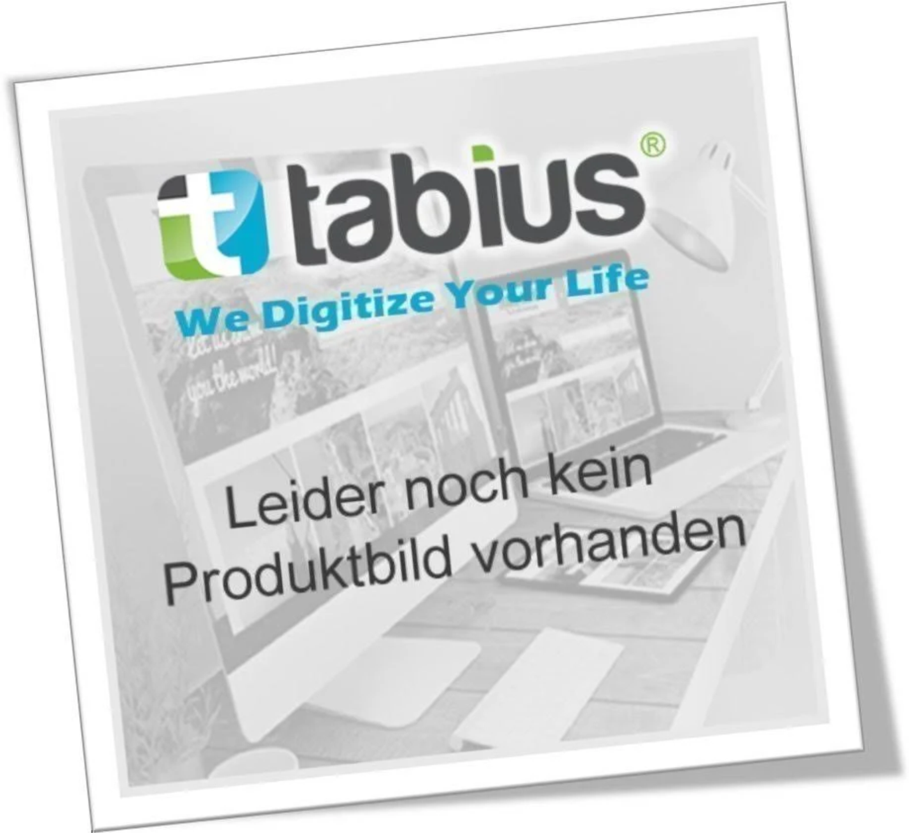 Pantalla de portátil mostrando un sitio web. Texto: "Leider noch kein Produktbild vorhanden."