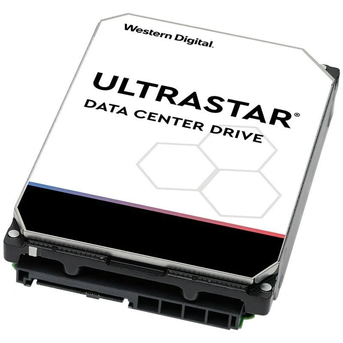 Dysk twardy z tekstem 'ULTRASTAR' i 'DATA CENTER DRIVE'. Logo Western Digital u góry.