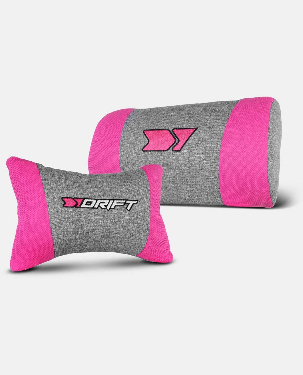 Dos almohadas para reposacabezas de coche. Una dice DRIFT y la otra tiene un símbolo. Rosa y gris.