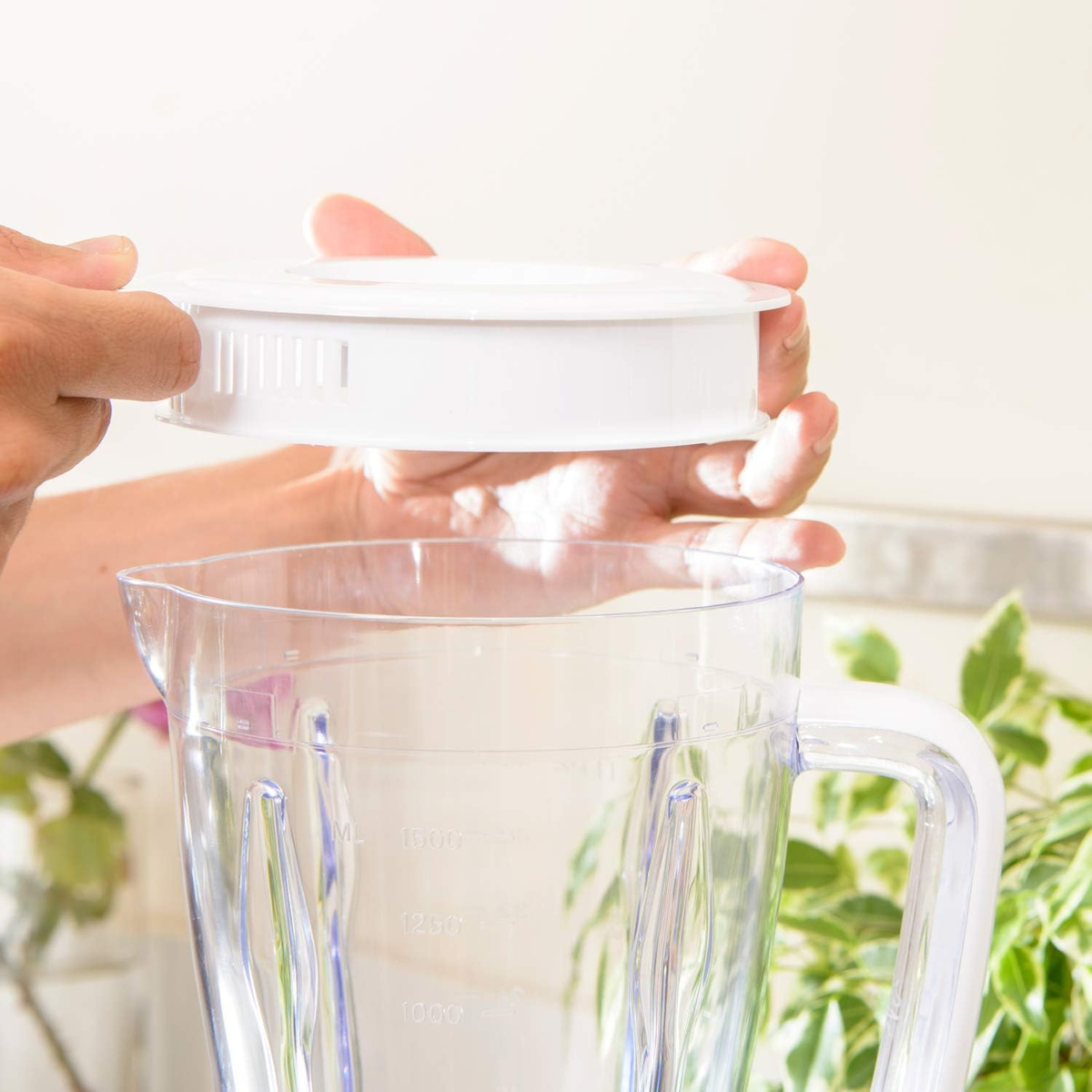 Manos sosteniendo una tapa blanca de licuadora sobre una jarra transparente, con una planta verde.