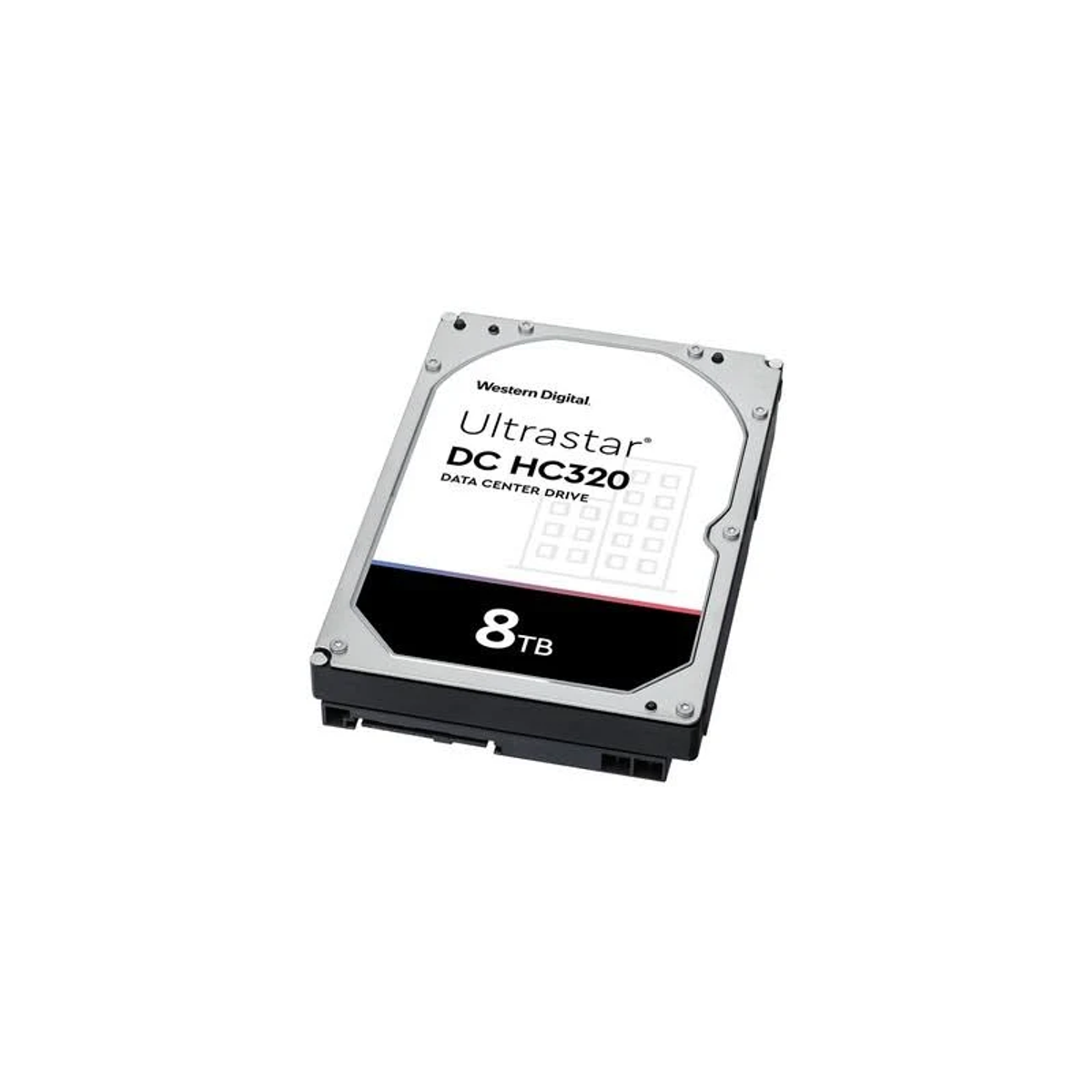 Een Western Digital Ultrastar 8TB harde schijf, wit label bovenop, geïsoleerd op een witte achtergrond.
