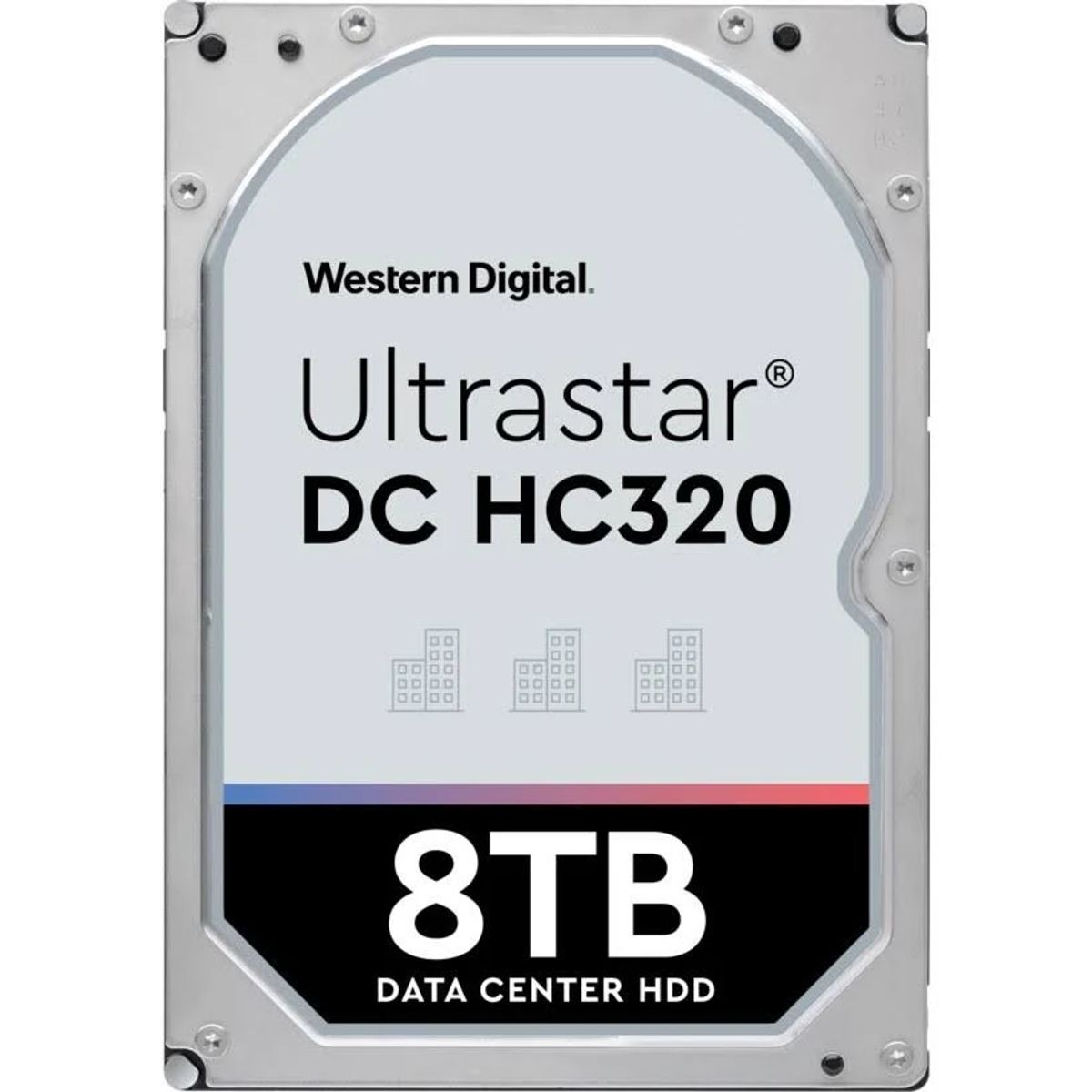 Een harde schijf met de woorden 'Western Digital Ultrastar' en '8TB' op een witte achtergrond.