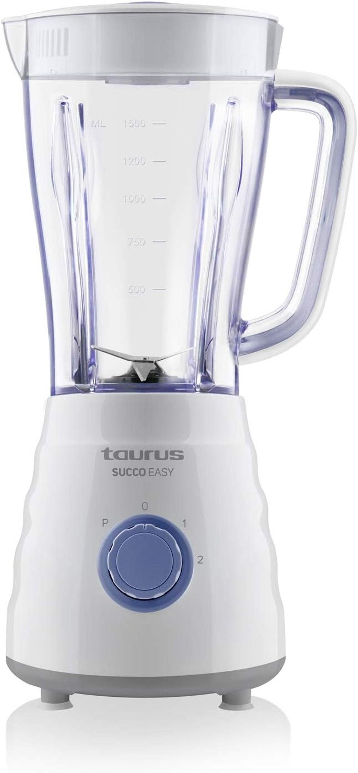 Licuadora Taurus Succe Easy blanca con detalles azules. Jarra transparente con marcas de medición.