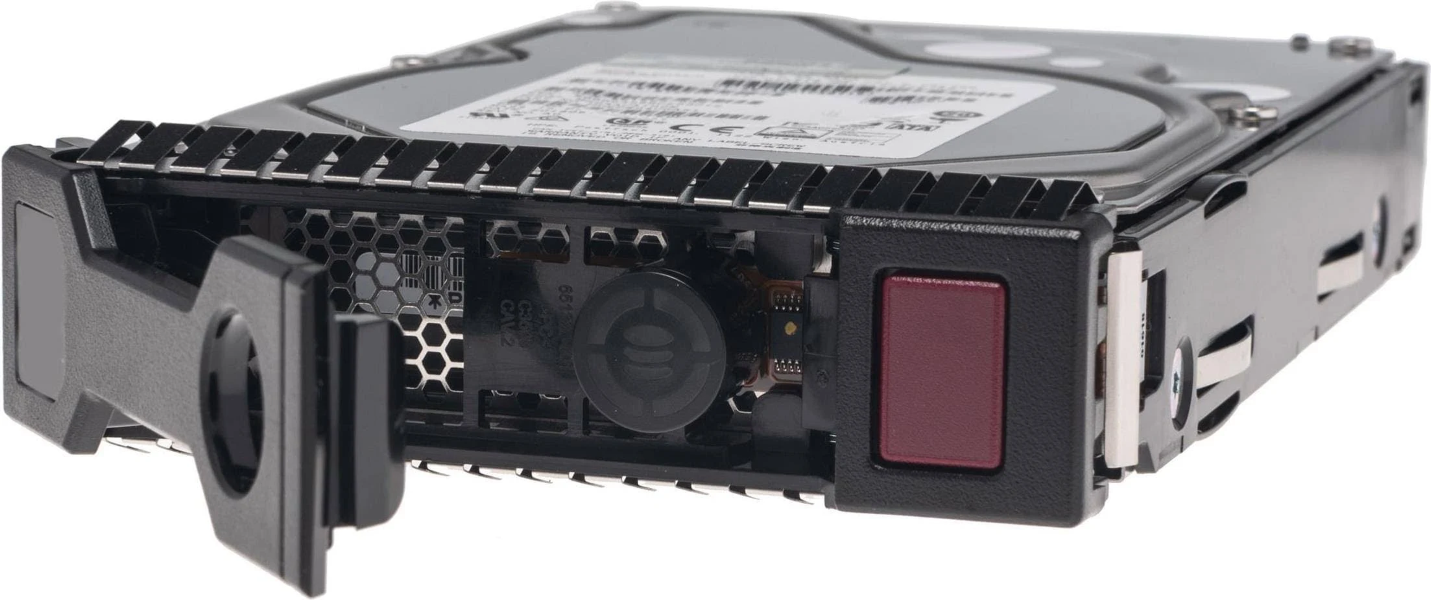 Dysk twardy z czarną ramką i czerwonym przyciskiem. Dysk twardy jest otwarty.