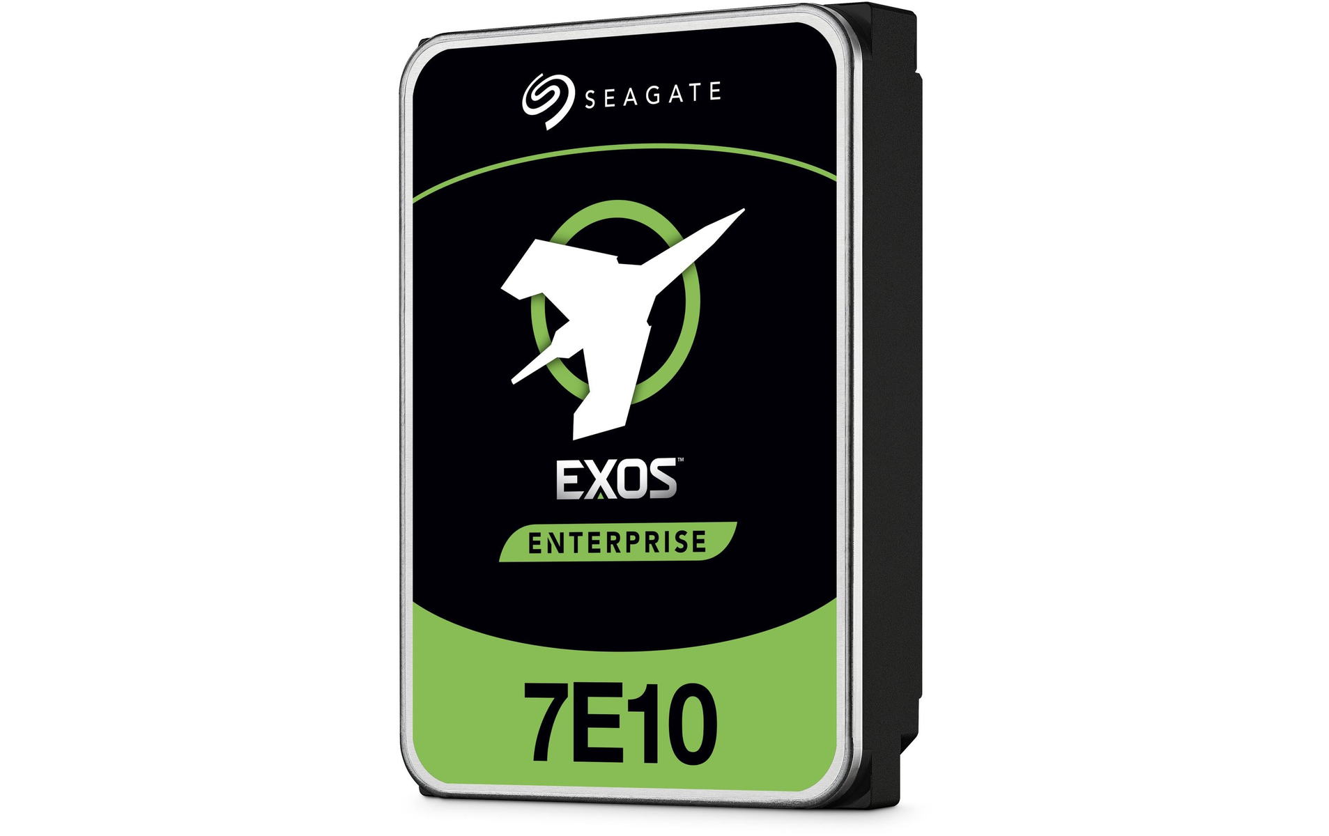 Dysk twardy Seagate Exos Enterprise, z zieloną etykietą na czarnej obudowie.