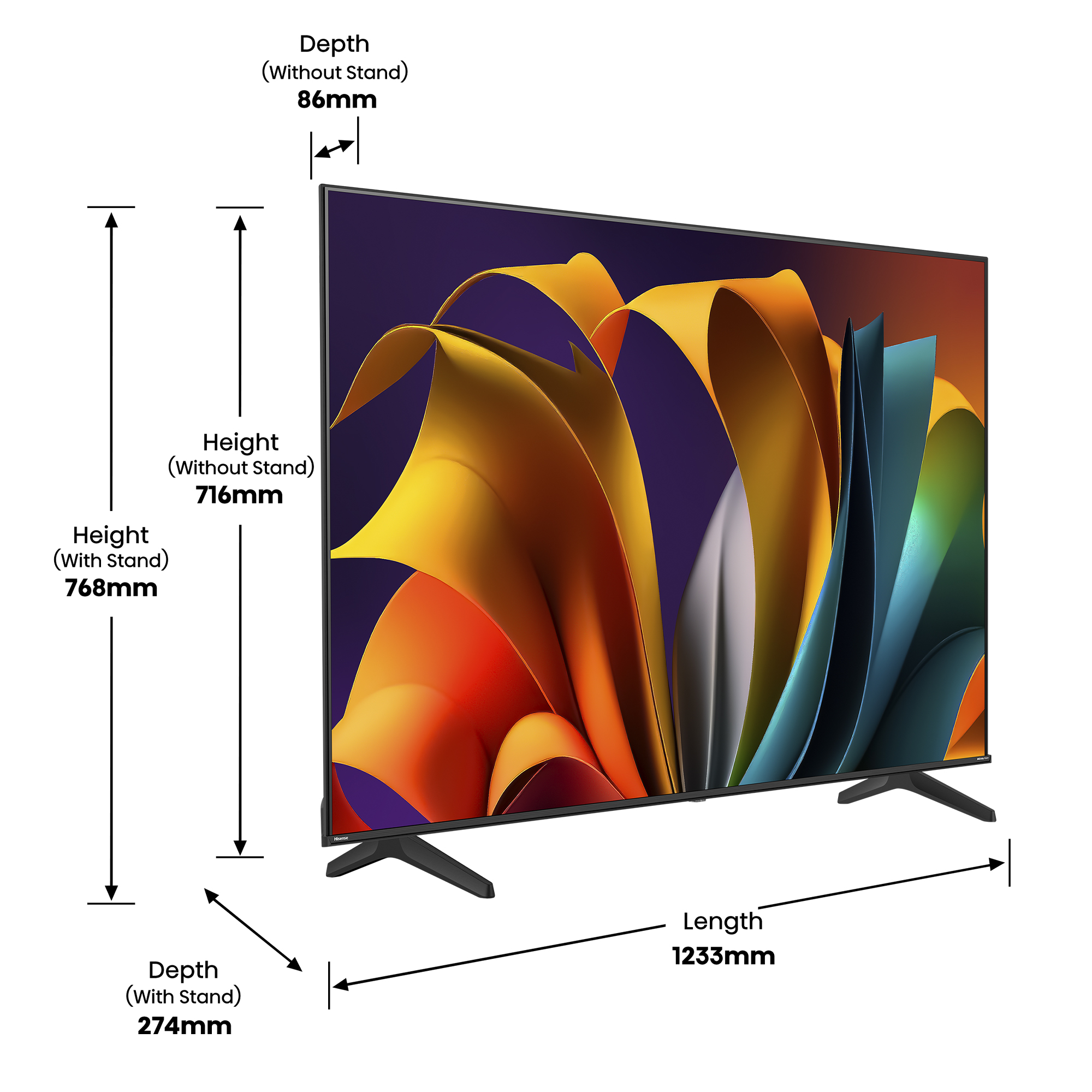 Großer Fernseher mit Ständer, zeigt Abmessungen. Bunte abstrakte Kunst auf dem Bildschirm. Weißer Hintergrund.