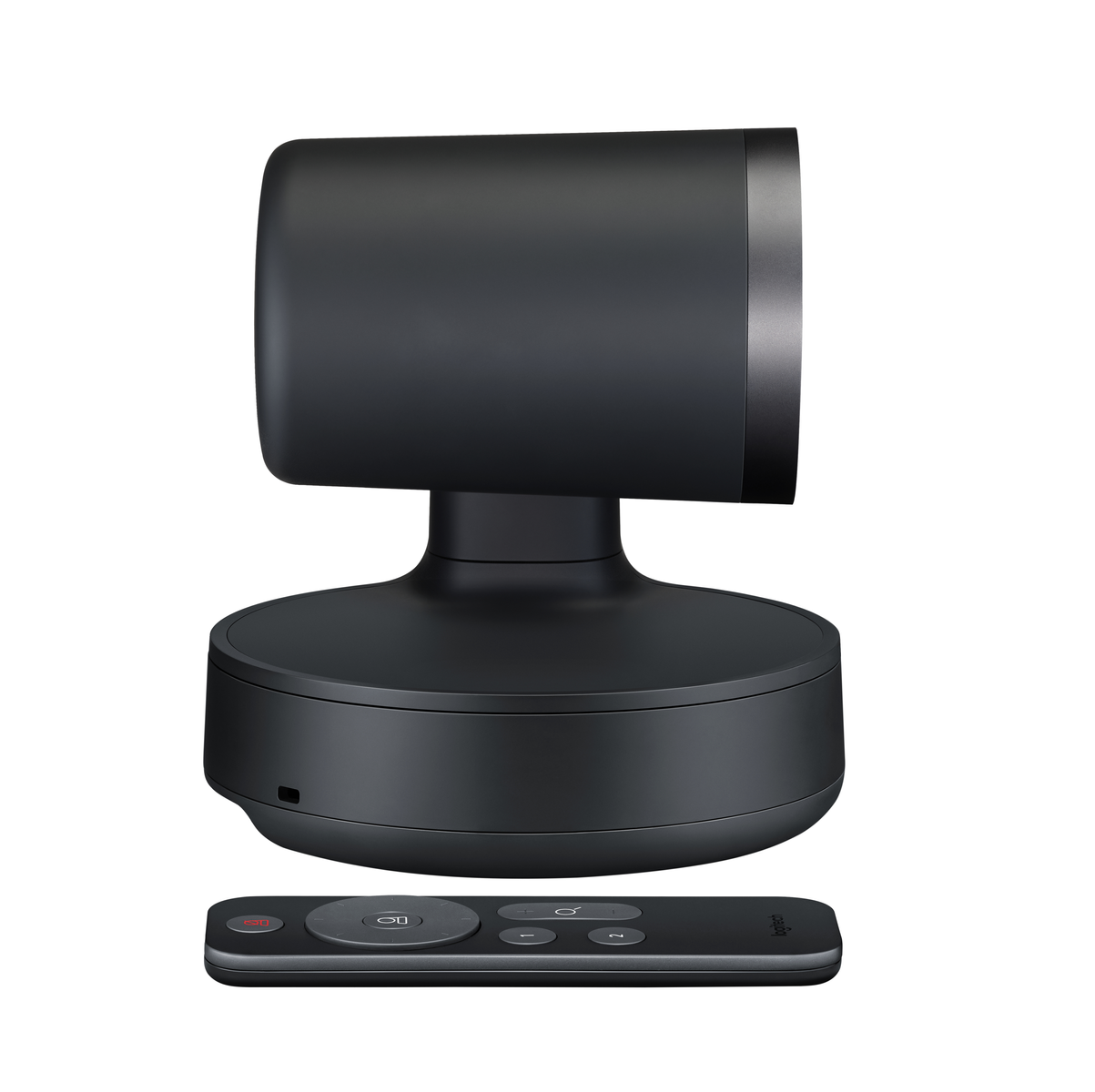 Eine schwarze Logitech-Webcam mit rundem Sockel und kleiner Fernbedienung auf weißem Hintergrund.