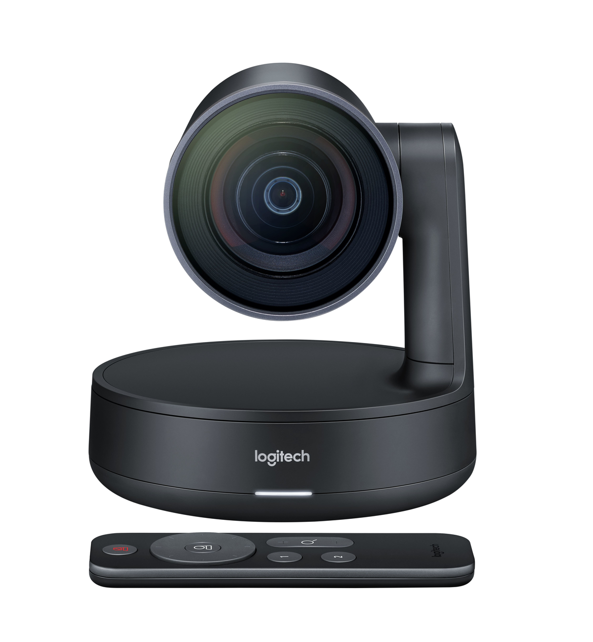 Schwarze Logitech-Webcam mit Fernbedienung. Abgerundeter Sockel, verstellbarer Kamerakopf und Fernbedienung unten.