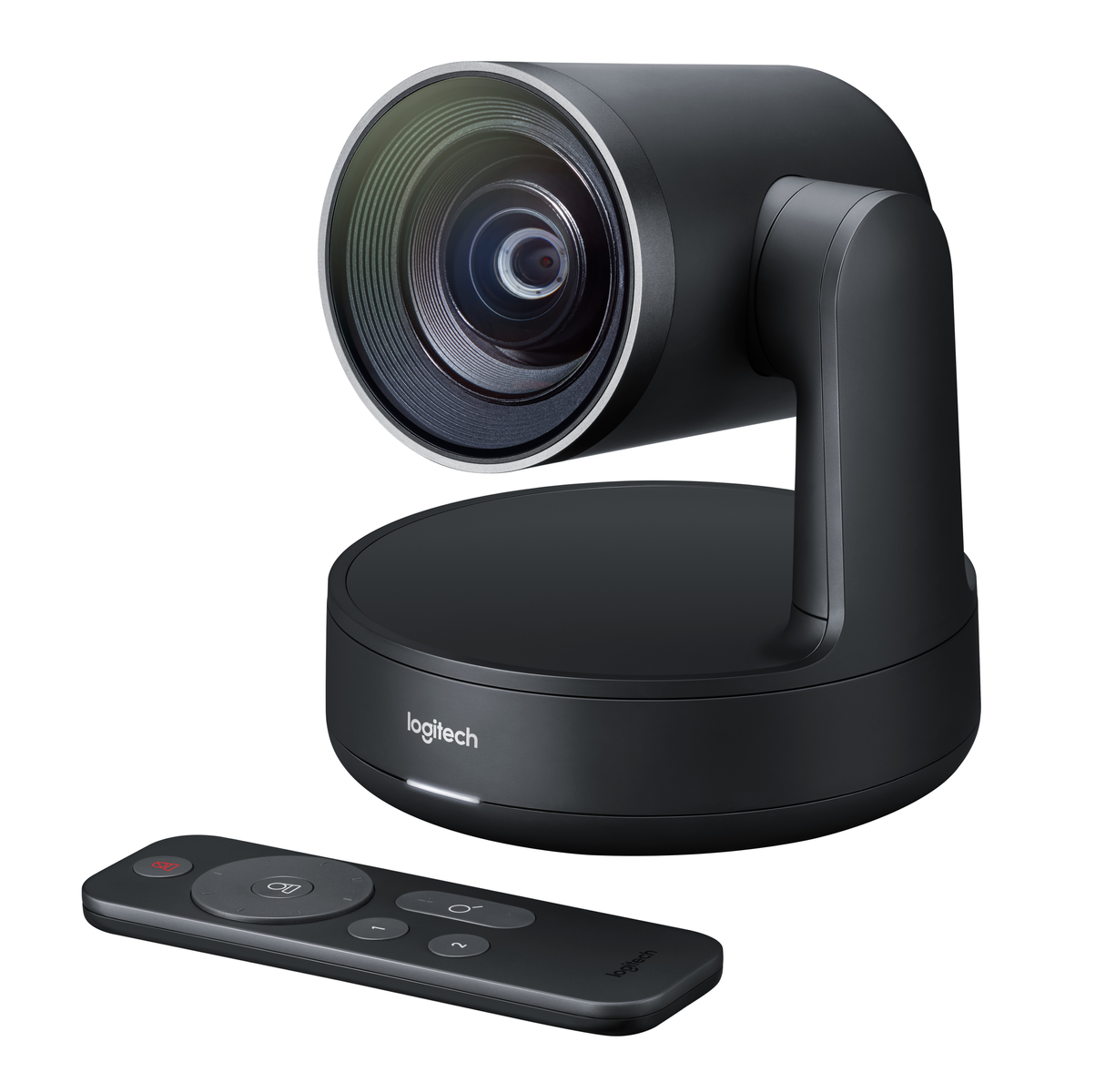 Schwarze Logitech Webcam mit Fernbedienung.