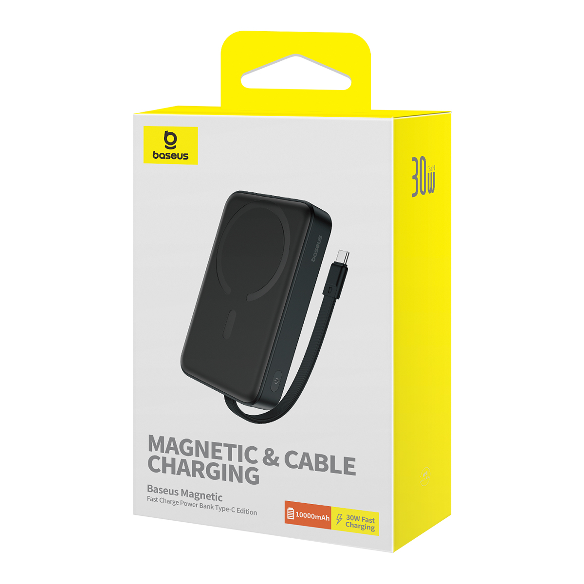 Baseus powerbank in een gele doos, met een zwarte kabel.