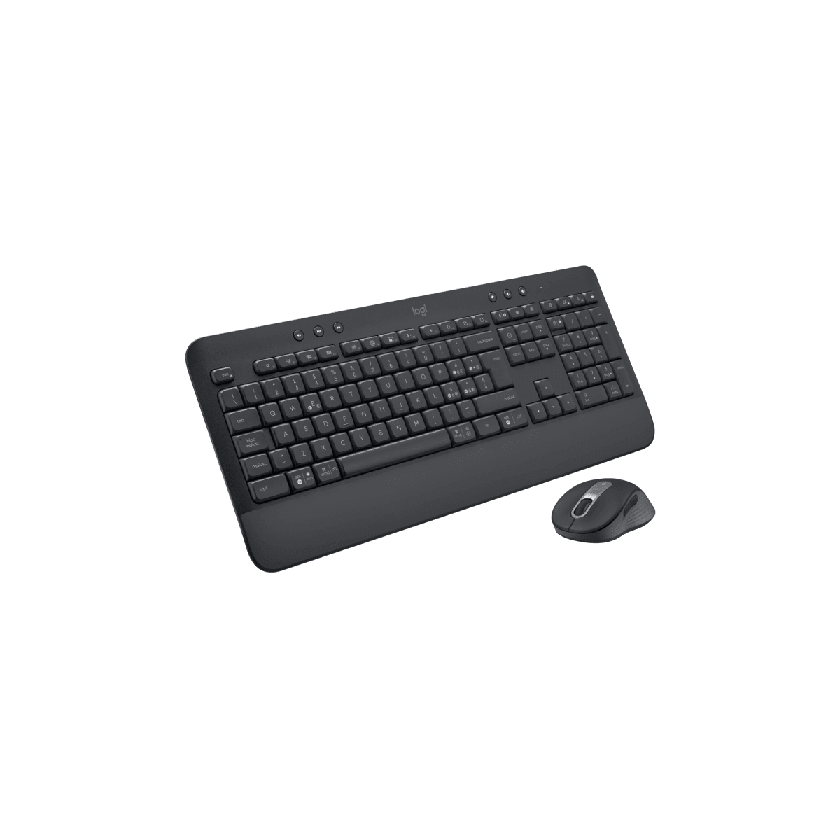 Czarny zestaw klawiatura i mysz na białej powierzchni. Klawiatura ma wiele klawiszy.