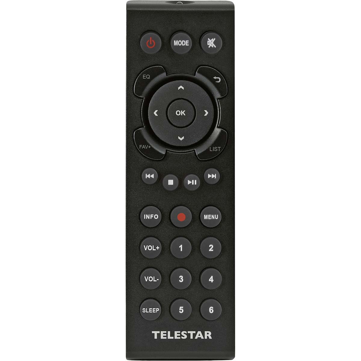 Black remote control with multiple buttons, including power, mode, and number keys.
