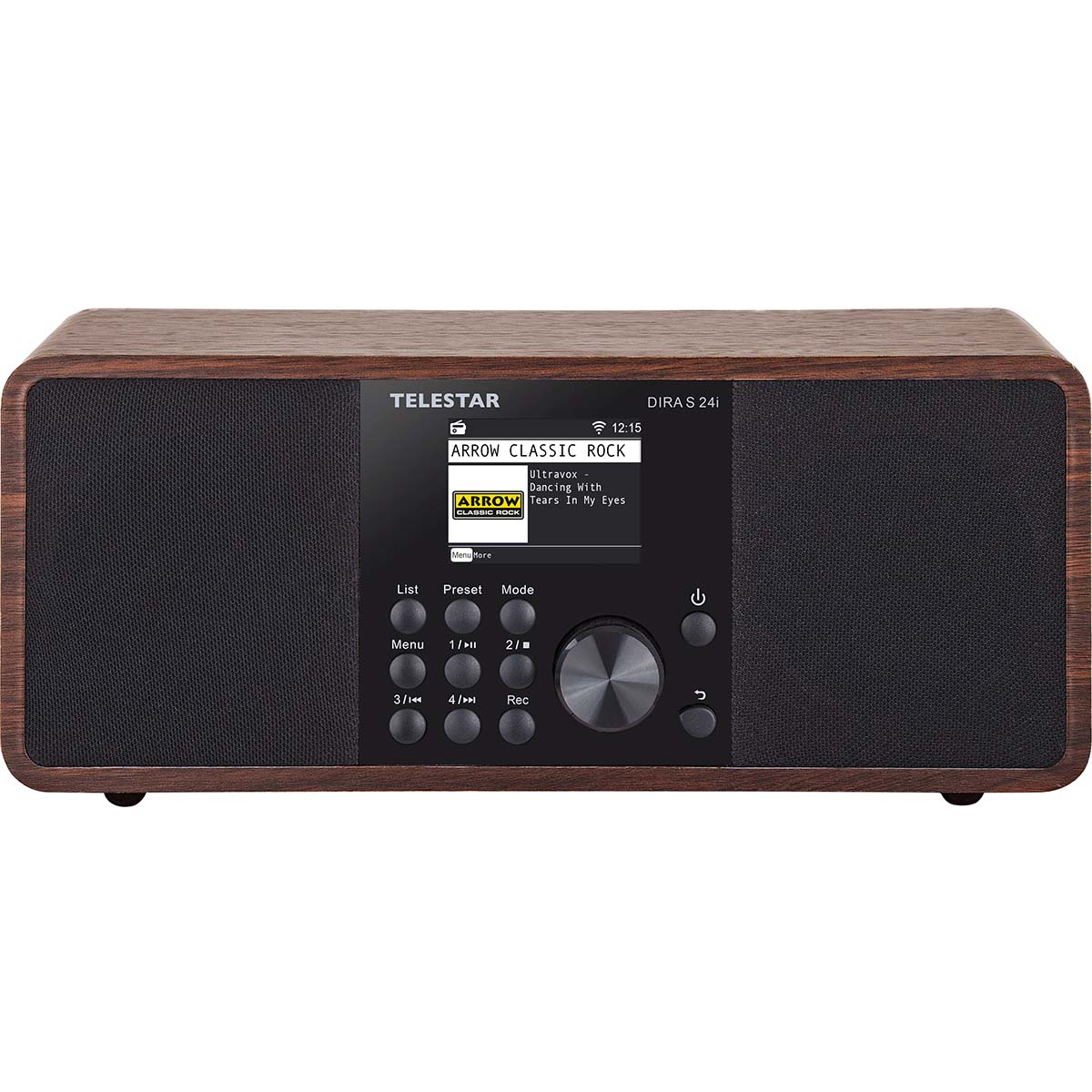 Wooden-style radio. Features a screen displaying music info, buttons, and a dial. Text: TELSTAR, DIRA S 24i.