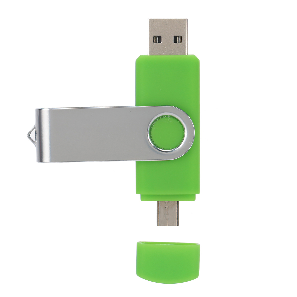 Grüner und silberner USB-Stick mit USB- und Micro-USB-Anschluss. Die Kappe ist abgenommen.