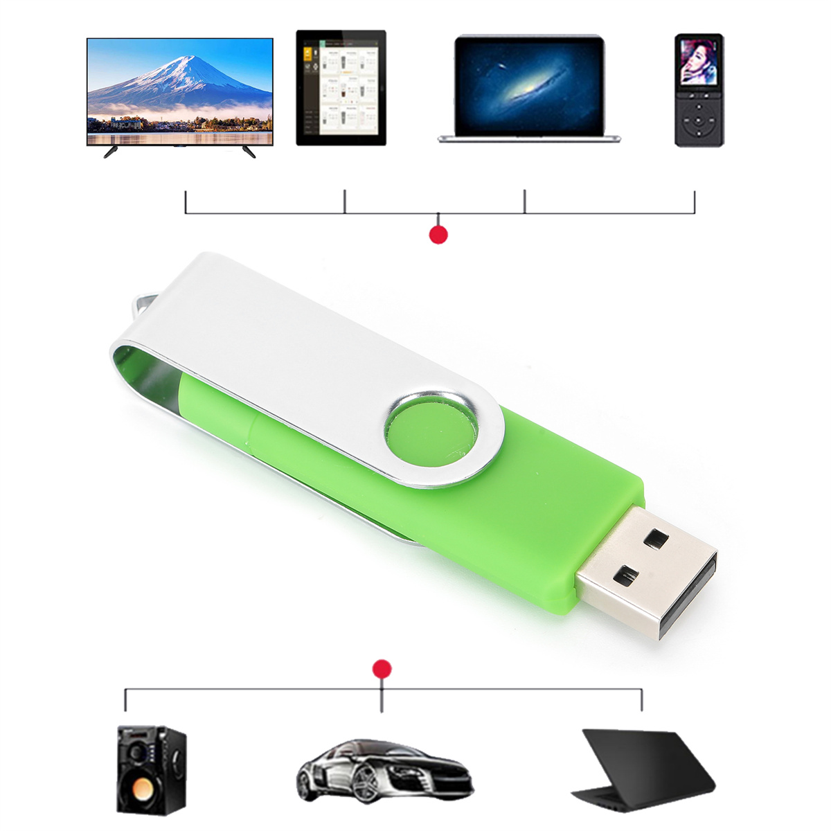 Ein grüner USB-Stick mit silberner Oberseite wird mit Elektroniksymbolen angezeigt.