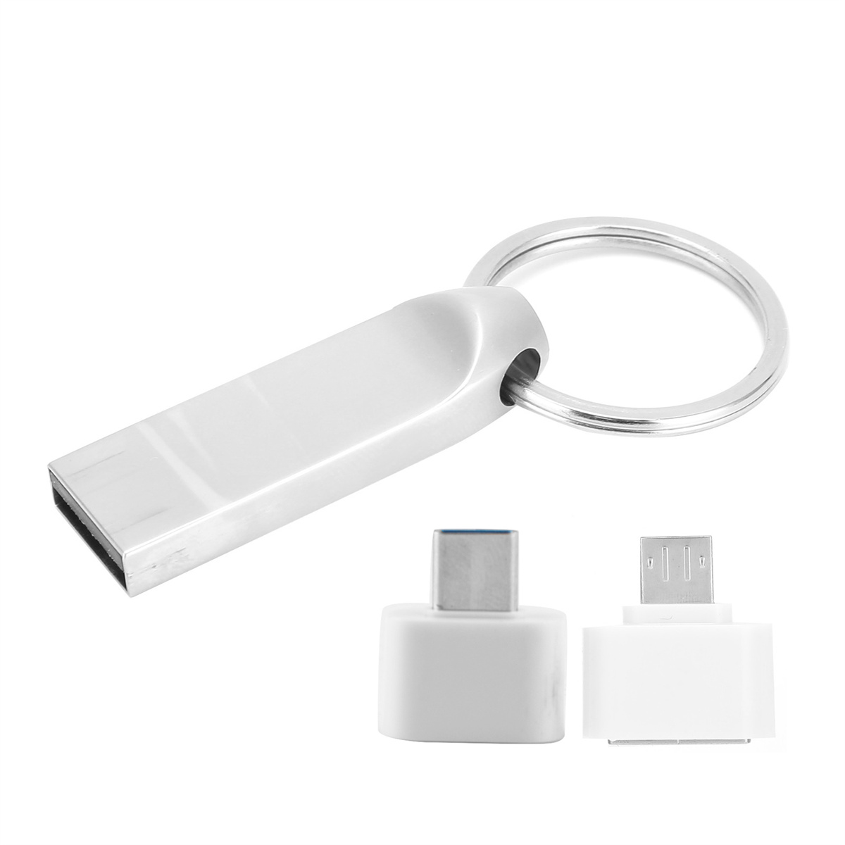 Silberner USB-zu-USB-C-Adapter mit Schlüsselring und zwei Konvertern.