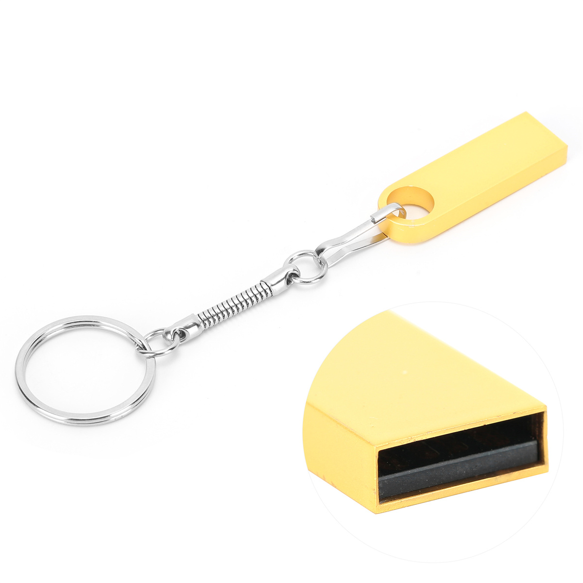 Ein gelber USB-Stick an einem Schlüsselanhänger mit Metallring.