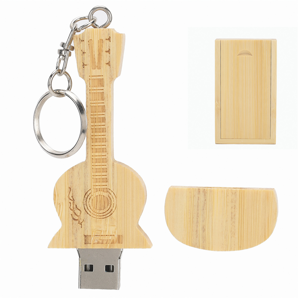 Ein gitarrenförmiger USB-Stick mit Schlüsselanhänger und separater Hülle.