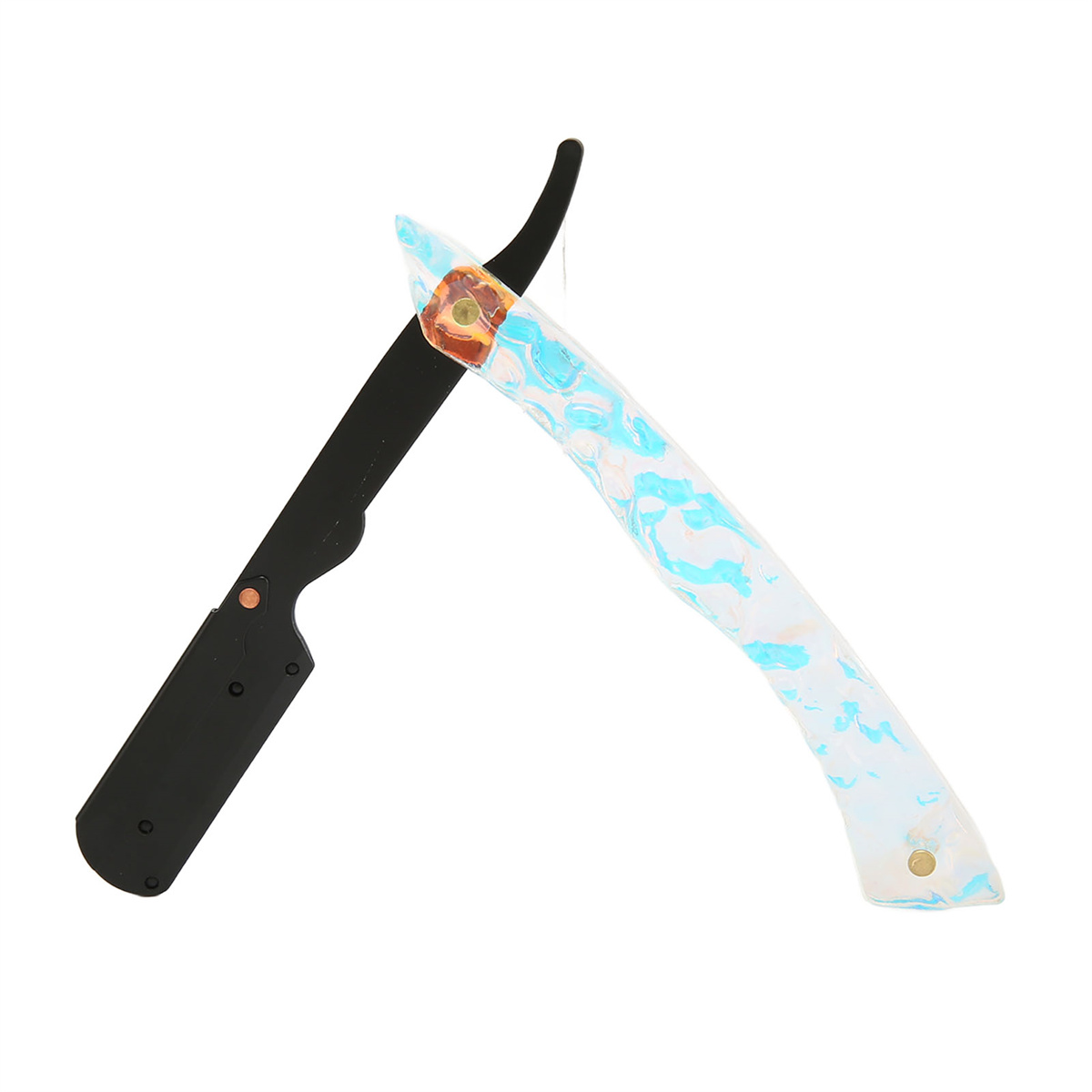 Offener Rasiermesser mit schwarzem Griff und blau-weißem Griff. Weißer Hintergrund.