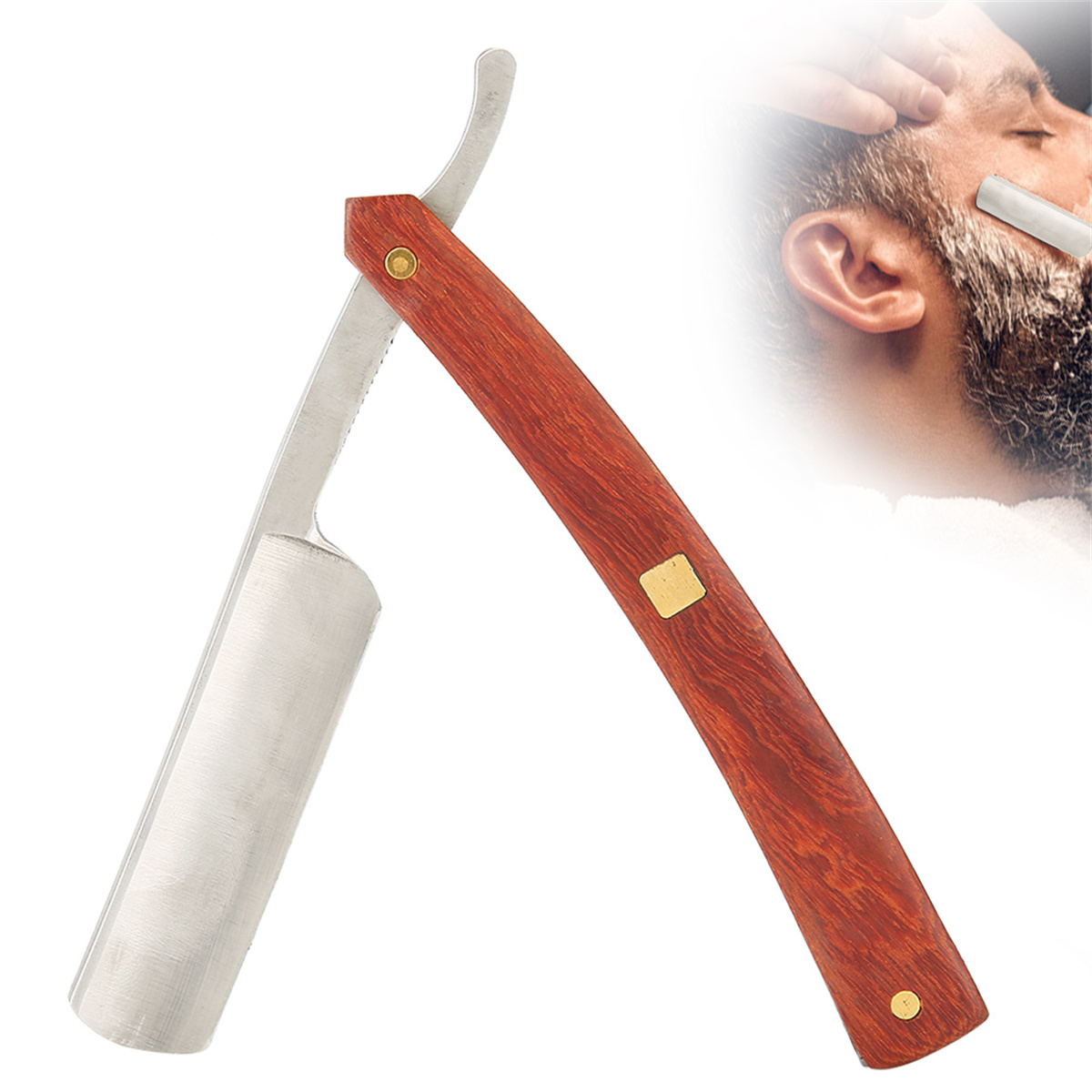 Ein Rasiermesser mit Holzgriff. Eine Person rasiert das Gesicht eines Mannes.