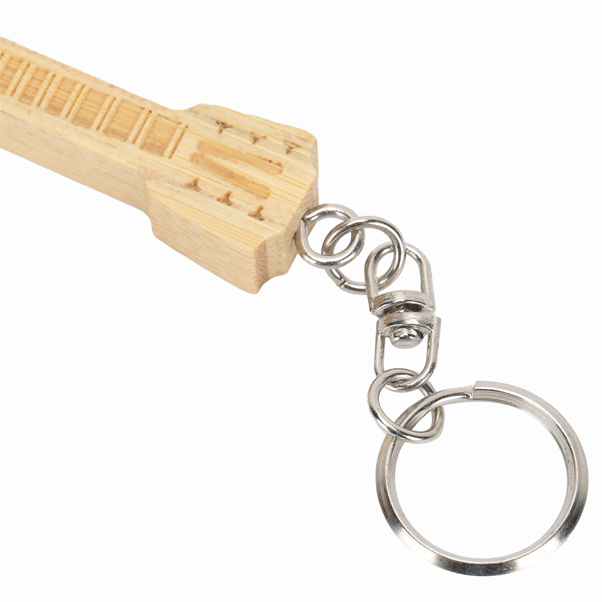 Gitarrenförmiger Schlüsselanhänger aus Holz, mit Metallring und Verschluss für Schlüssel.