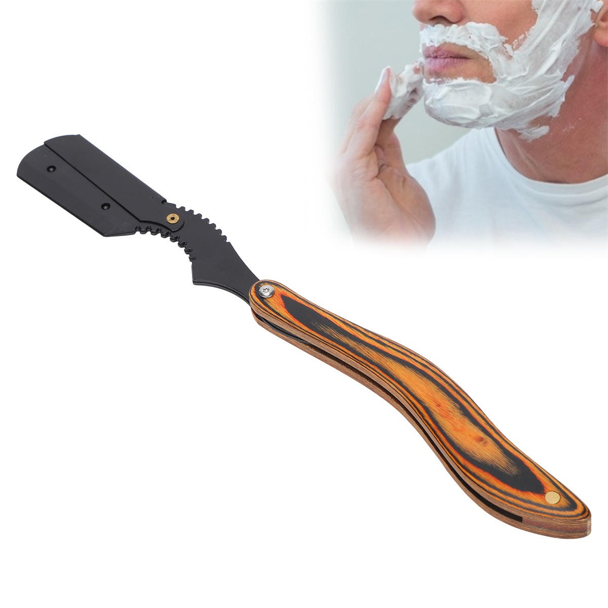 Rasierklinge mit Holzgriff und ein Mann, der sich Rasiercreme ins Gesicht aufträgt.