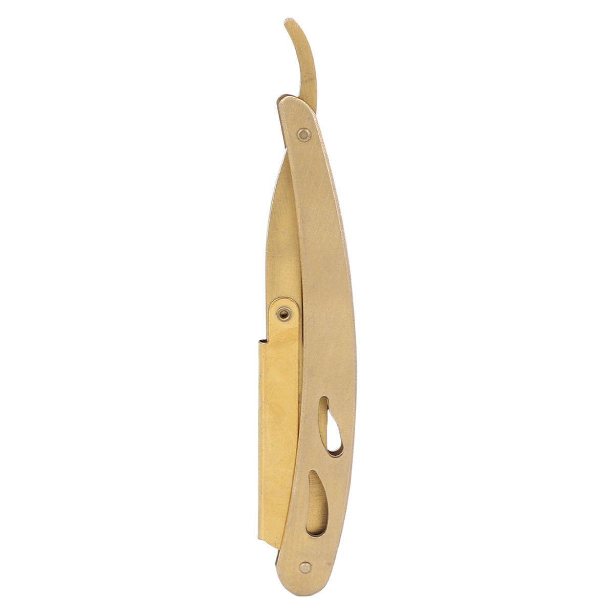 Ein goldfarbenes Rasiermesser in geschlossenem Zustand mit gebogenem Griff. Es ist auf weißem Hintergrund.