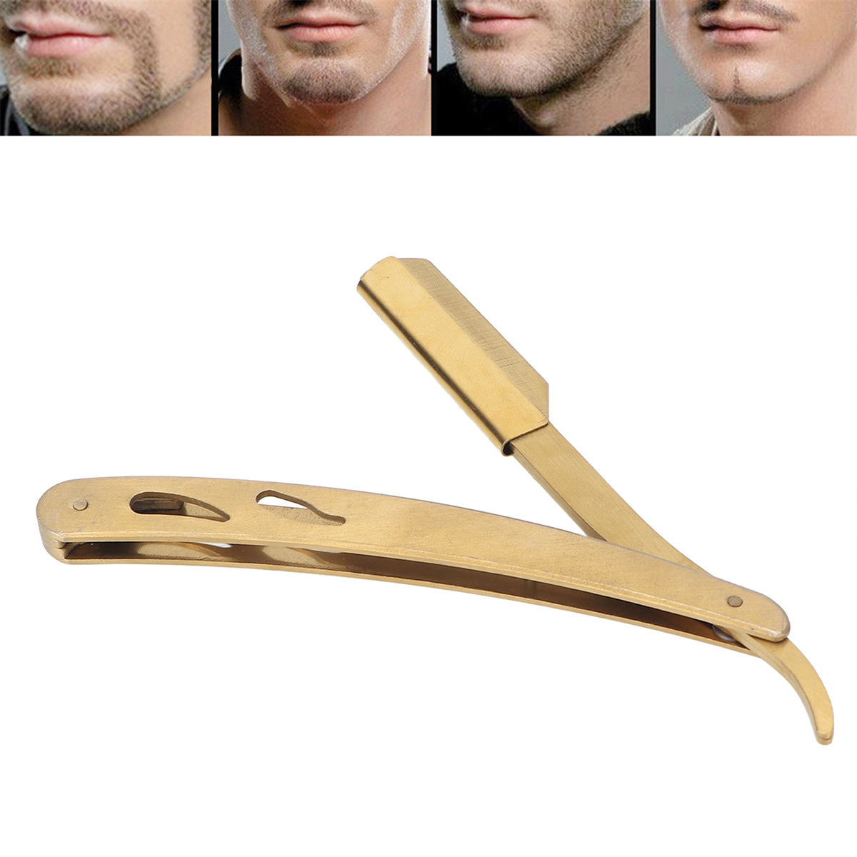 Goldenes Rasiermesser, offen, mit verschiedenen Bartstilen darüber. Weißer Hintergrund.