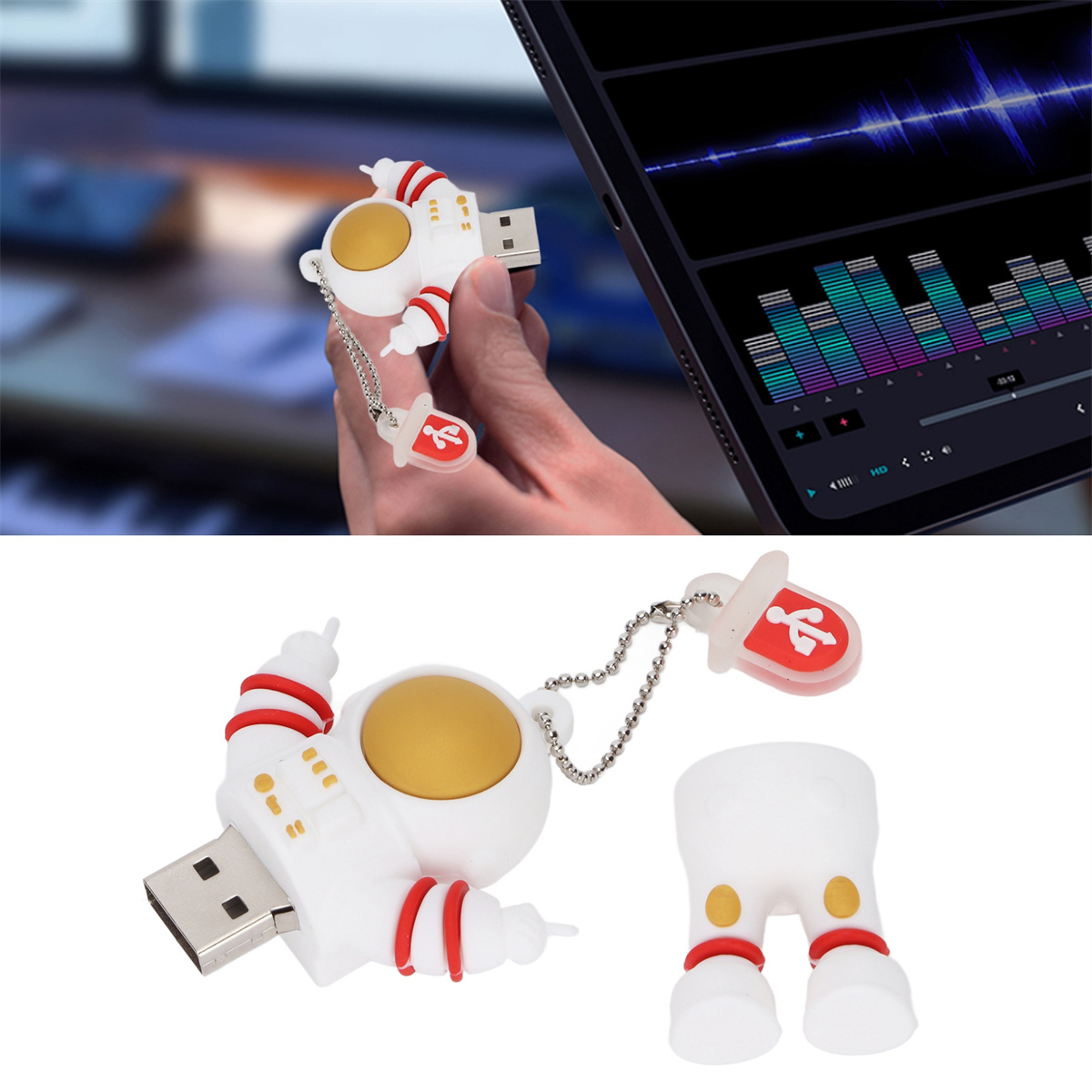 Astronautenförmiger USB-Stick mit Schnuller. Hintergrund zeigt ein Tablet und eine Hand, die den Stick hält.