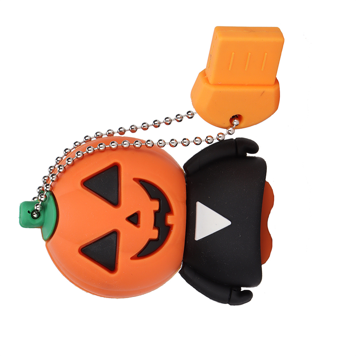 Halloween-USB-Stick mit Kürbis und schwarzem Play-Button an einer Kette befestigt.