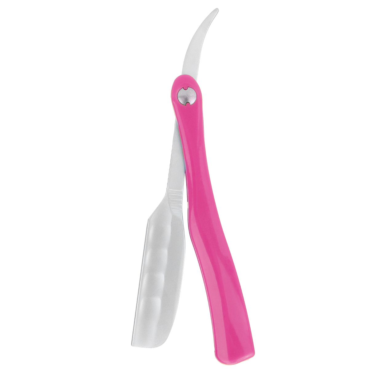 Ein offenes, pinkfarbenes und silberfarbenes Rasiermesser vor weißem Hintergrund.