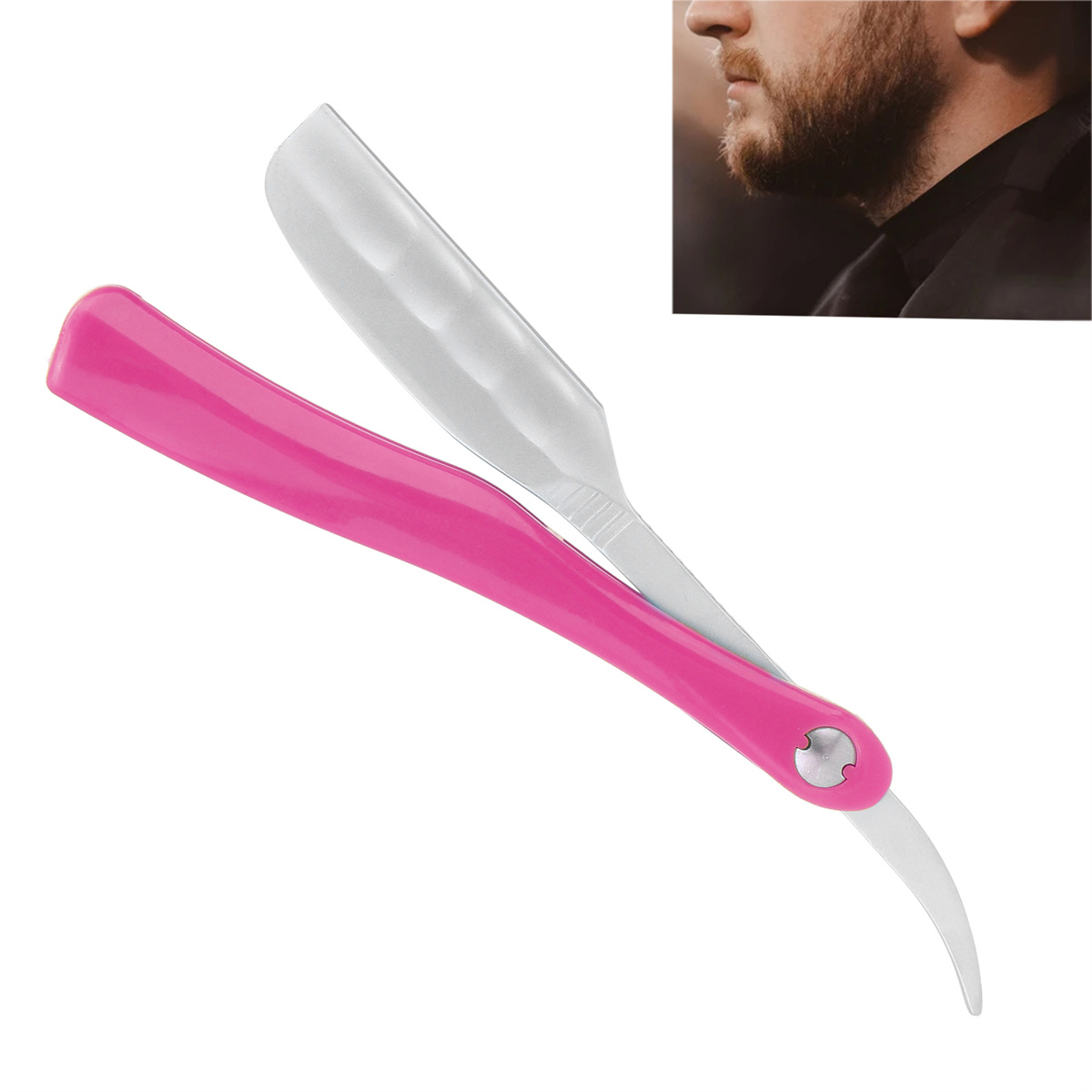 Ein rosa Rasiermesser mit silberner Klinge wird gezeigt. Auch der Bart eines Mannes ist sichtbar.